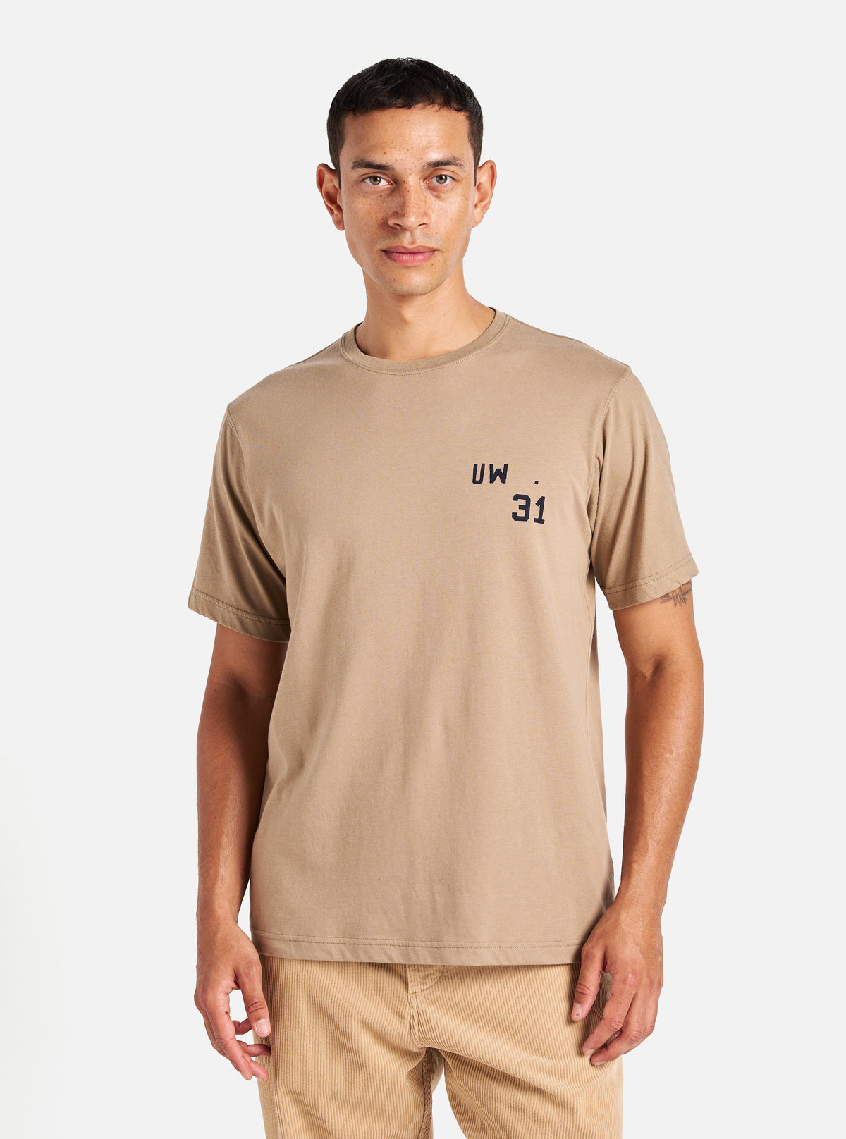 Universal Works Print Tee in Sand Single Jersey UW31