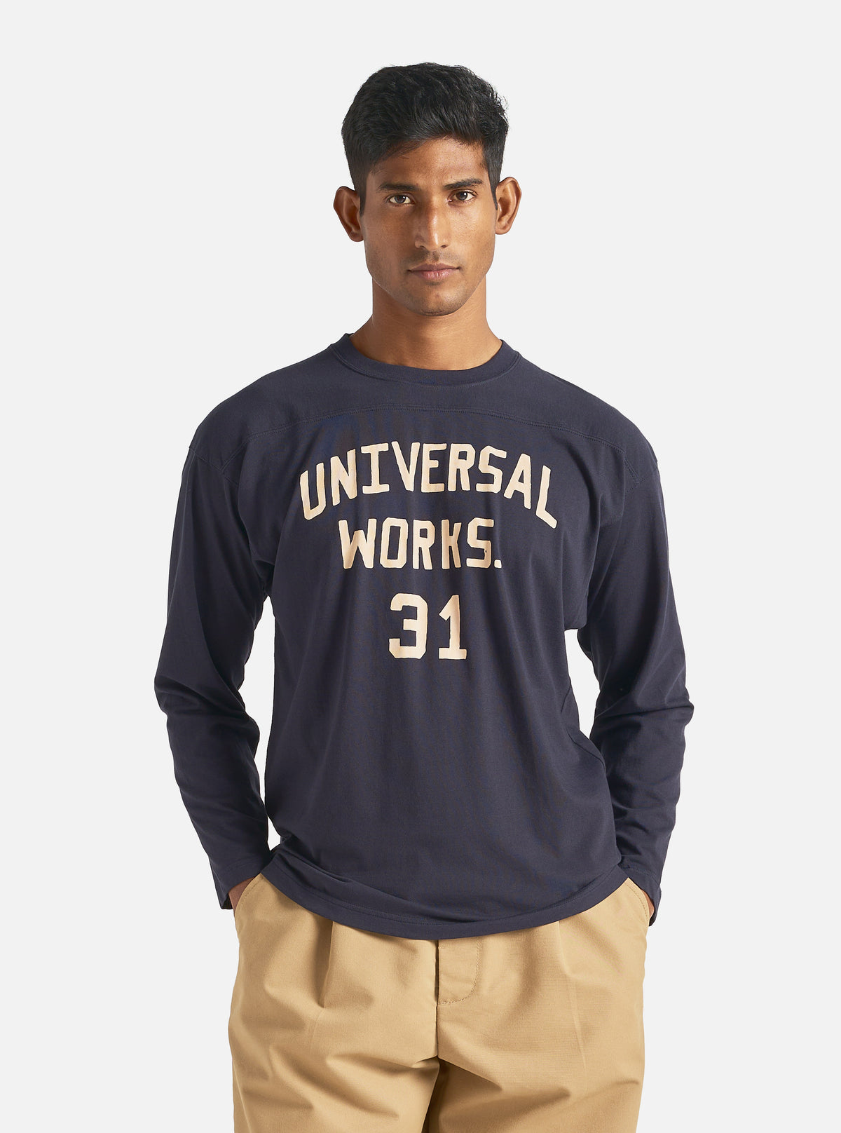 Universal Works Football T Shirt in Navy Single Jersey UW31