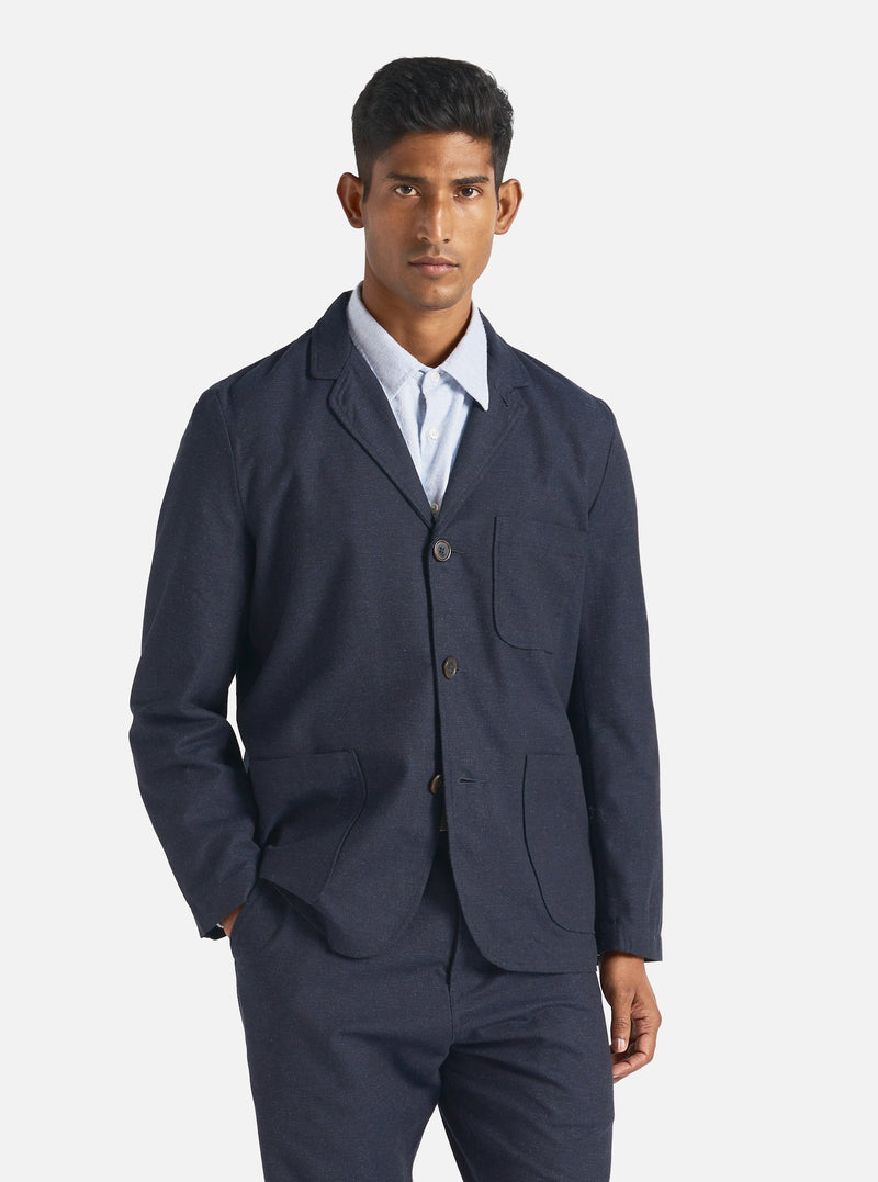 Universal Works Three Button Jacket in Navy Birdseye Tweed