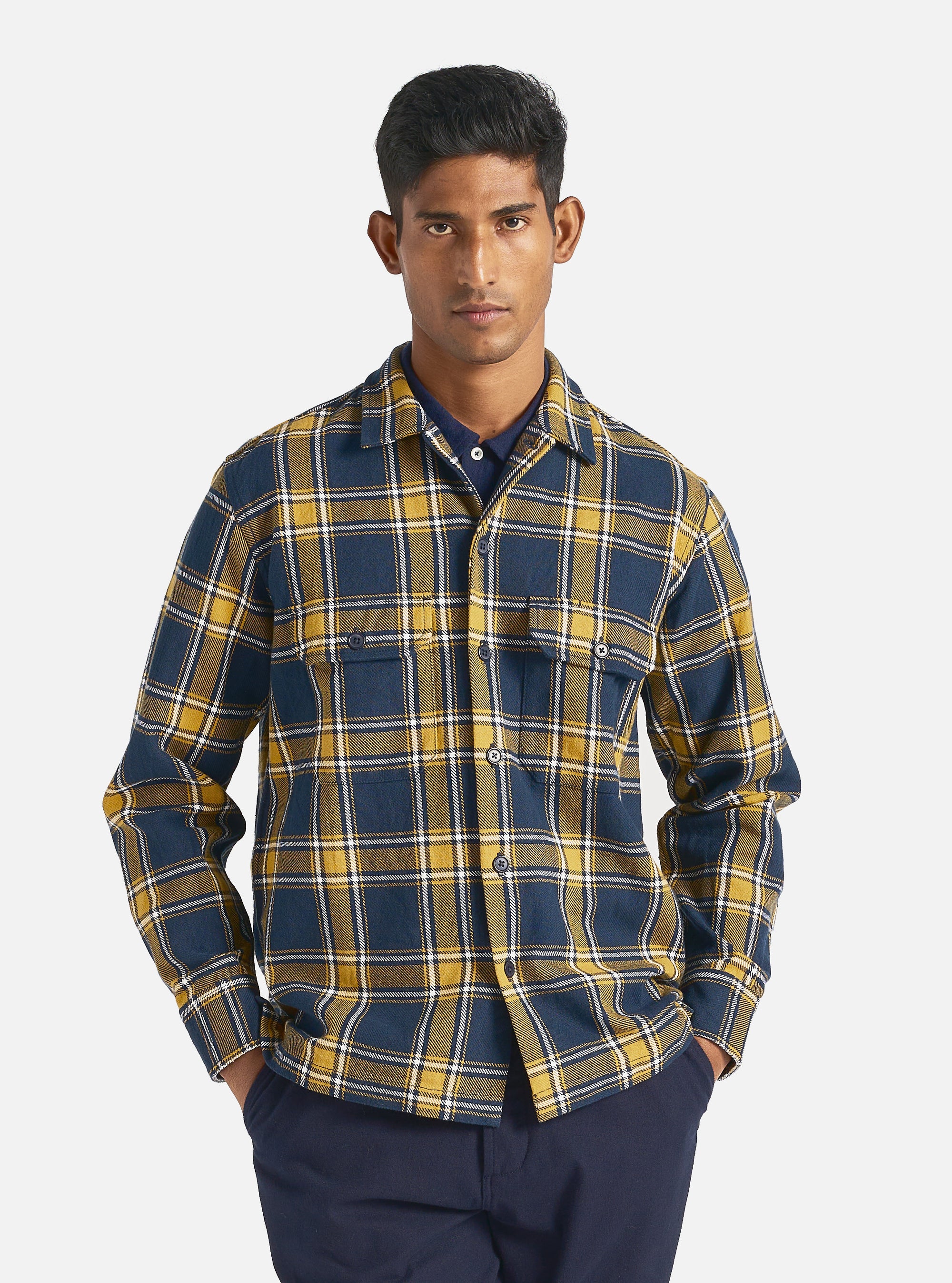 Universal Works L/S Utility Shirt in Yellow/Navy Twill Check Tartan