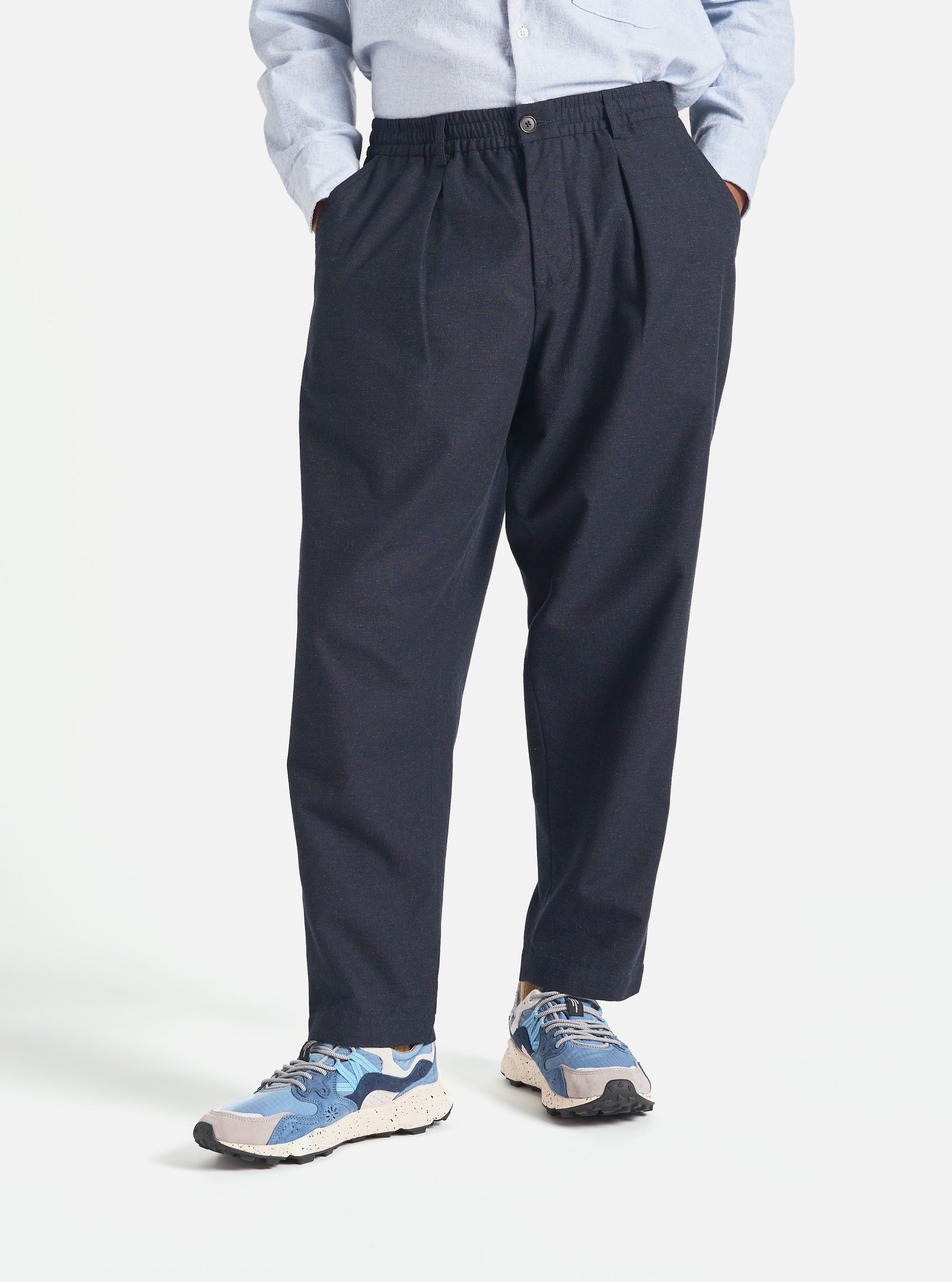 Universal Works Pleated Track Pant in Navy Birdseye Tweed