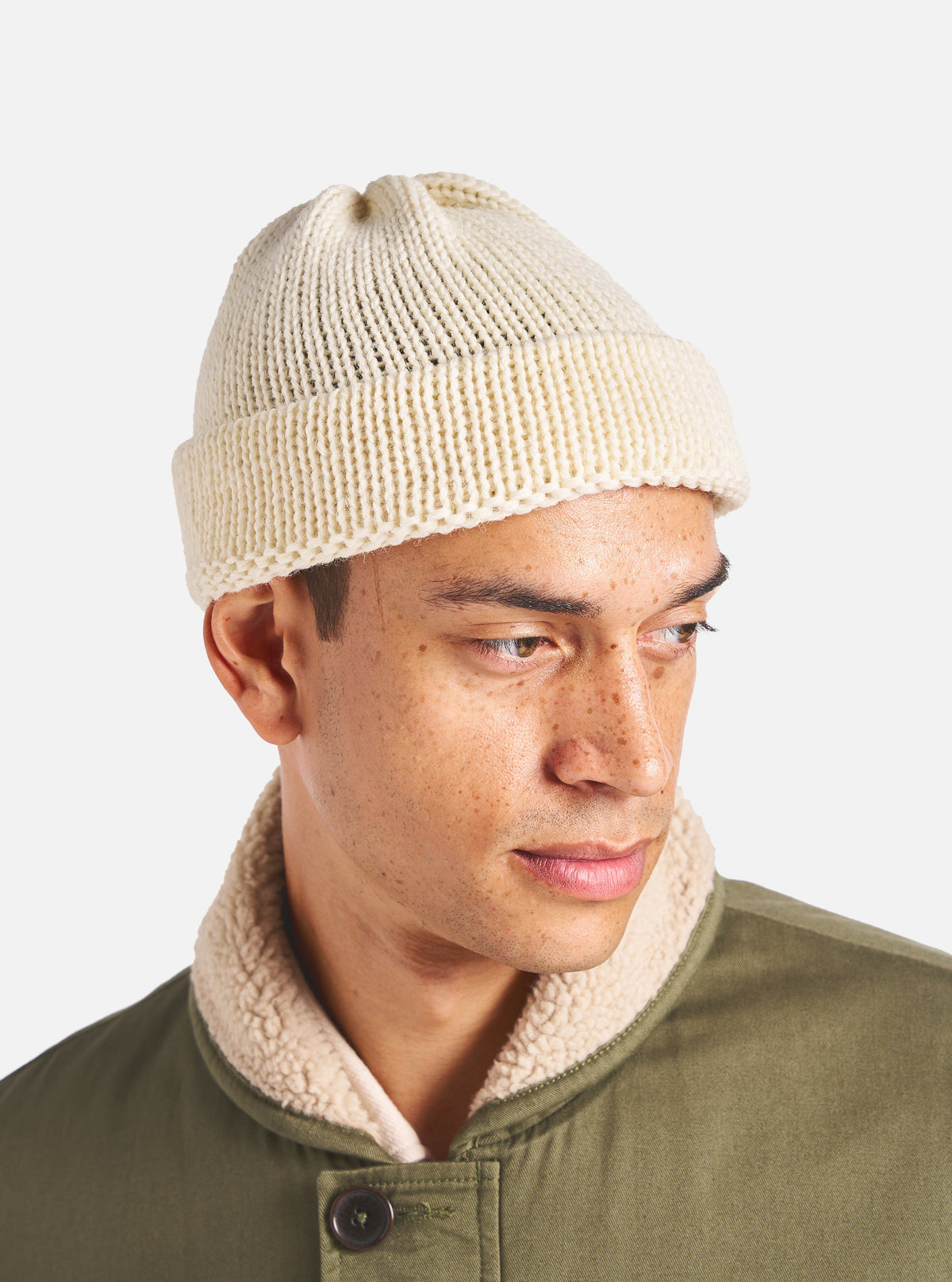 Universal Works Short Watch Cap in Ecru British Wool