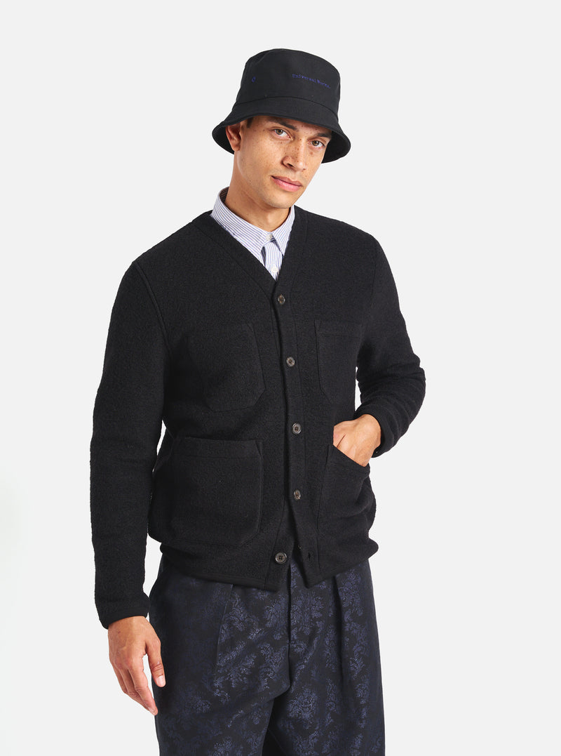 Universal Works Cardigan in Black Wool Fleece