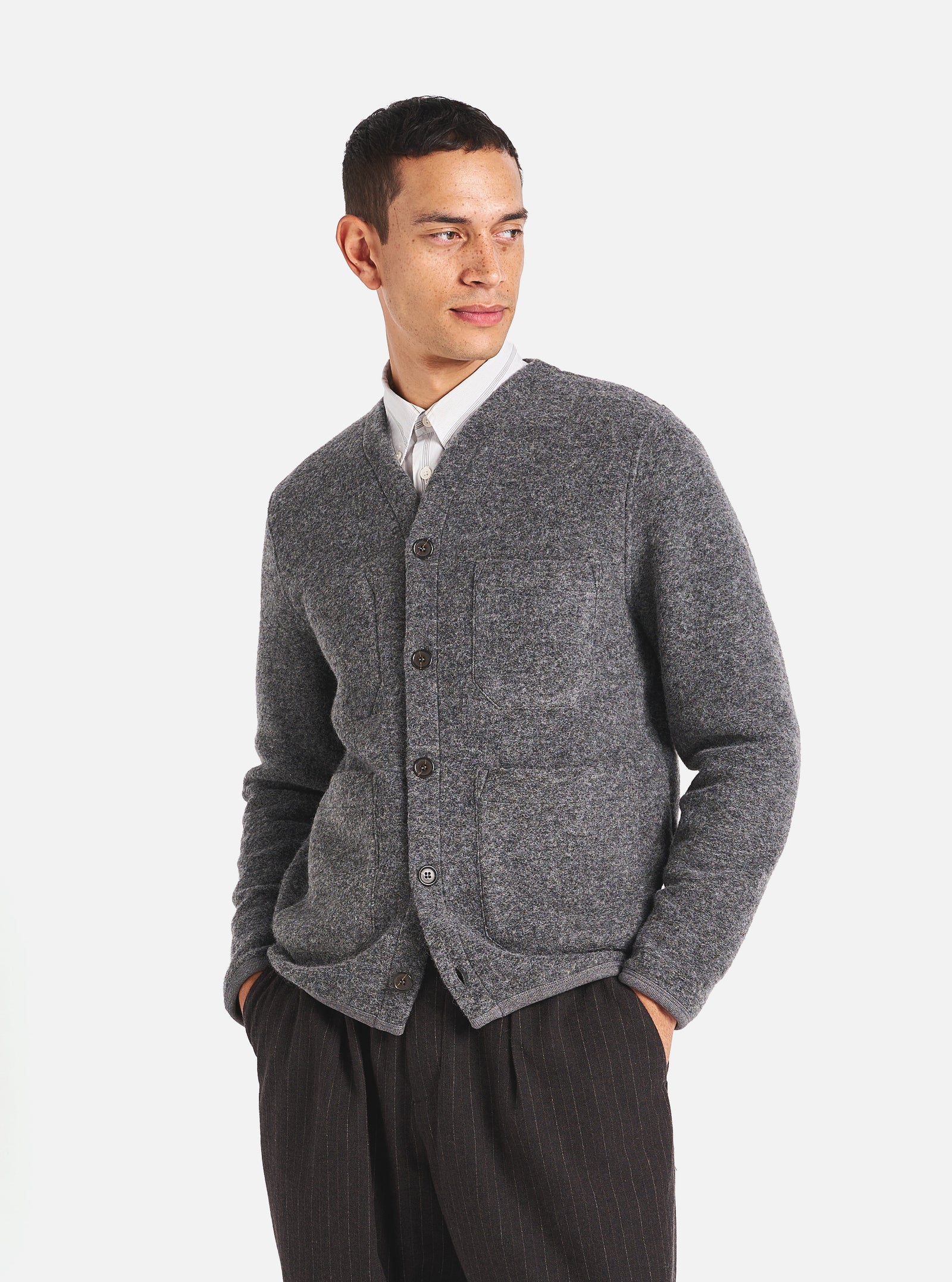 Universal Works Cardigan in Grey Marl Wool Fleece