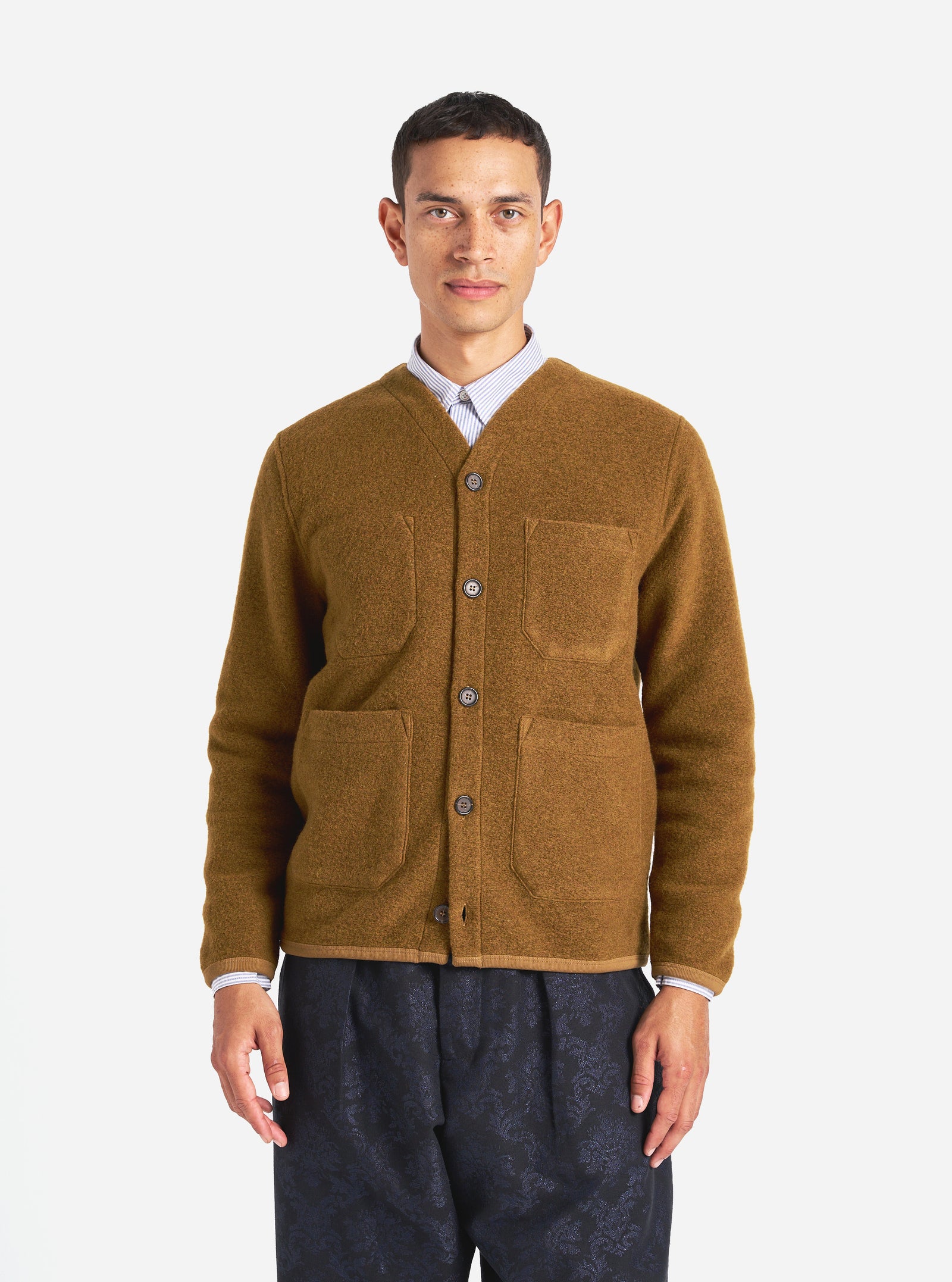 Universal Works Cardigan in Mustard Wool Fleece