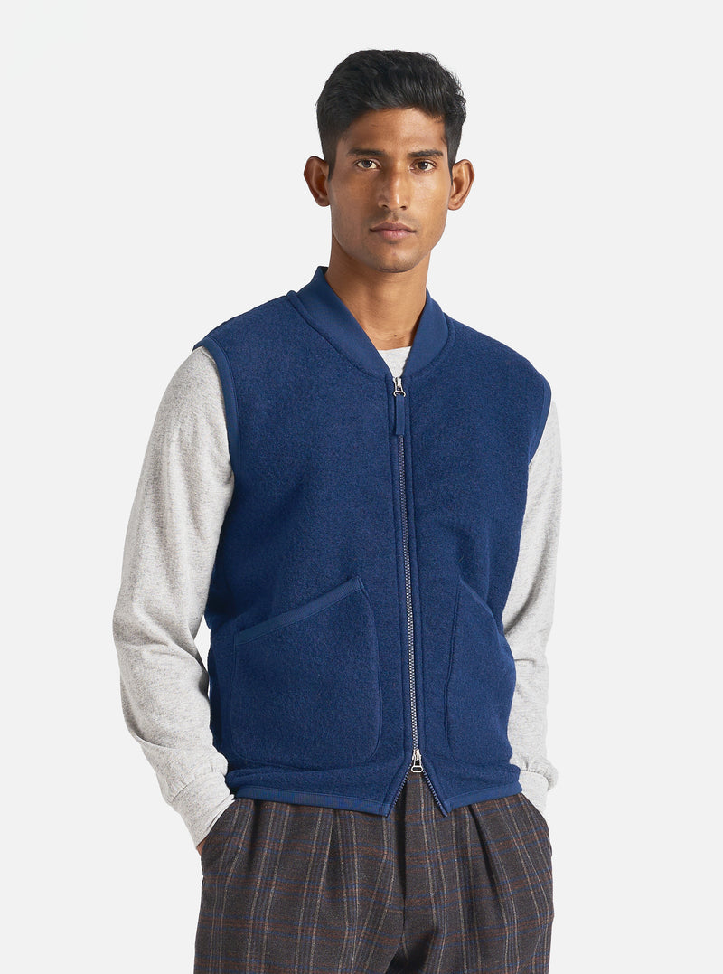 Universal Works Zip Waistcoat in Indigo Wool Fleece