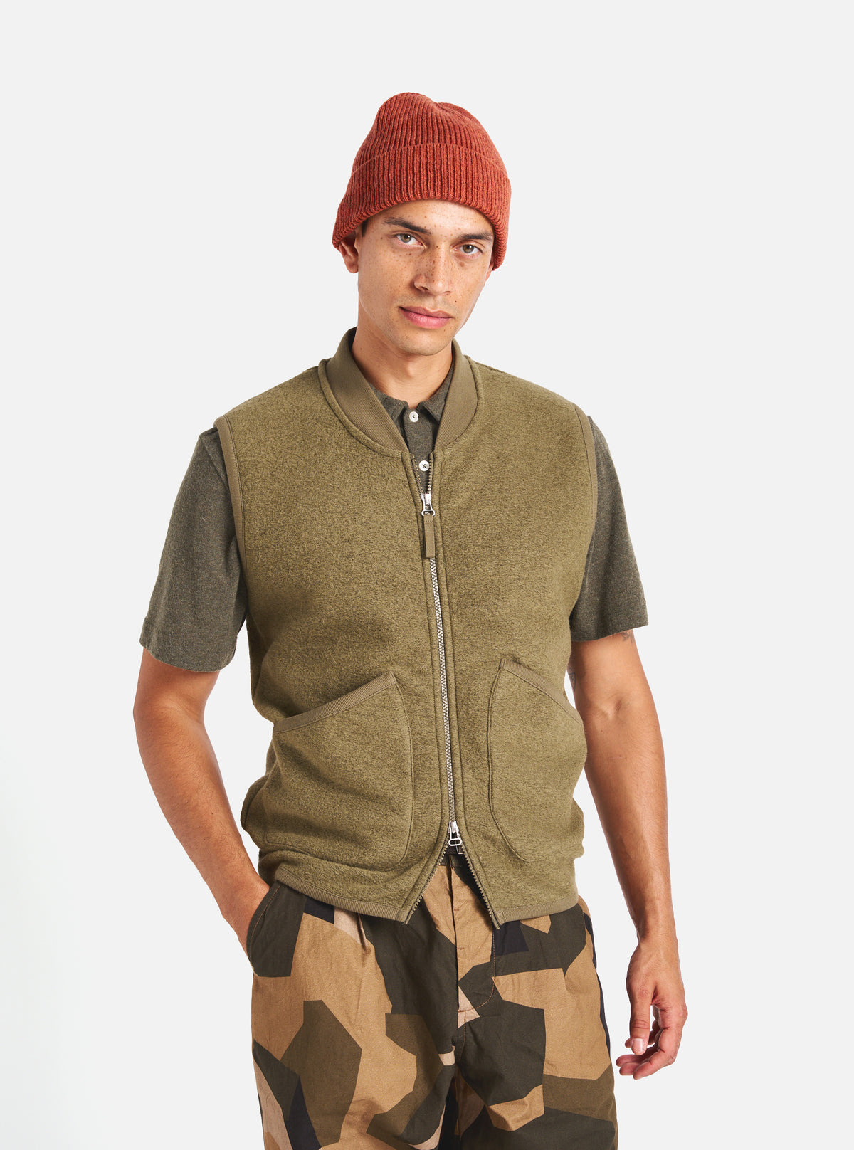 Universal Works Zip Waistcoat in Lovat Wool Fleece