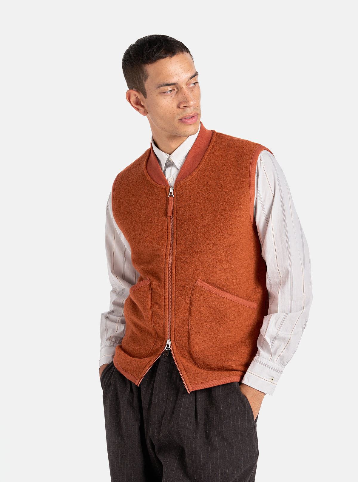 Universal Works Zip Waistcoat in Orange Wool Fleece