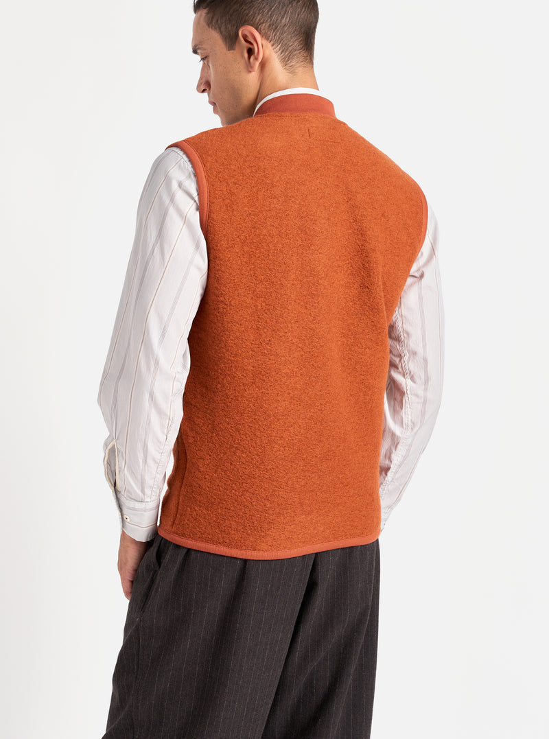 Universal Works Zip Waistcoat in Orange Wool Fleece