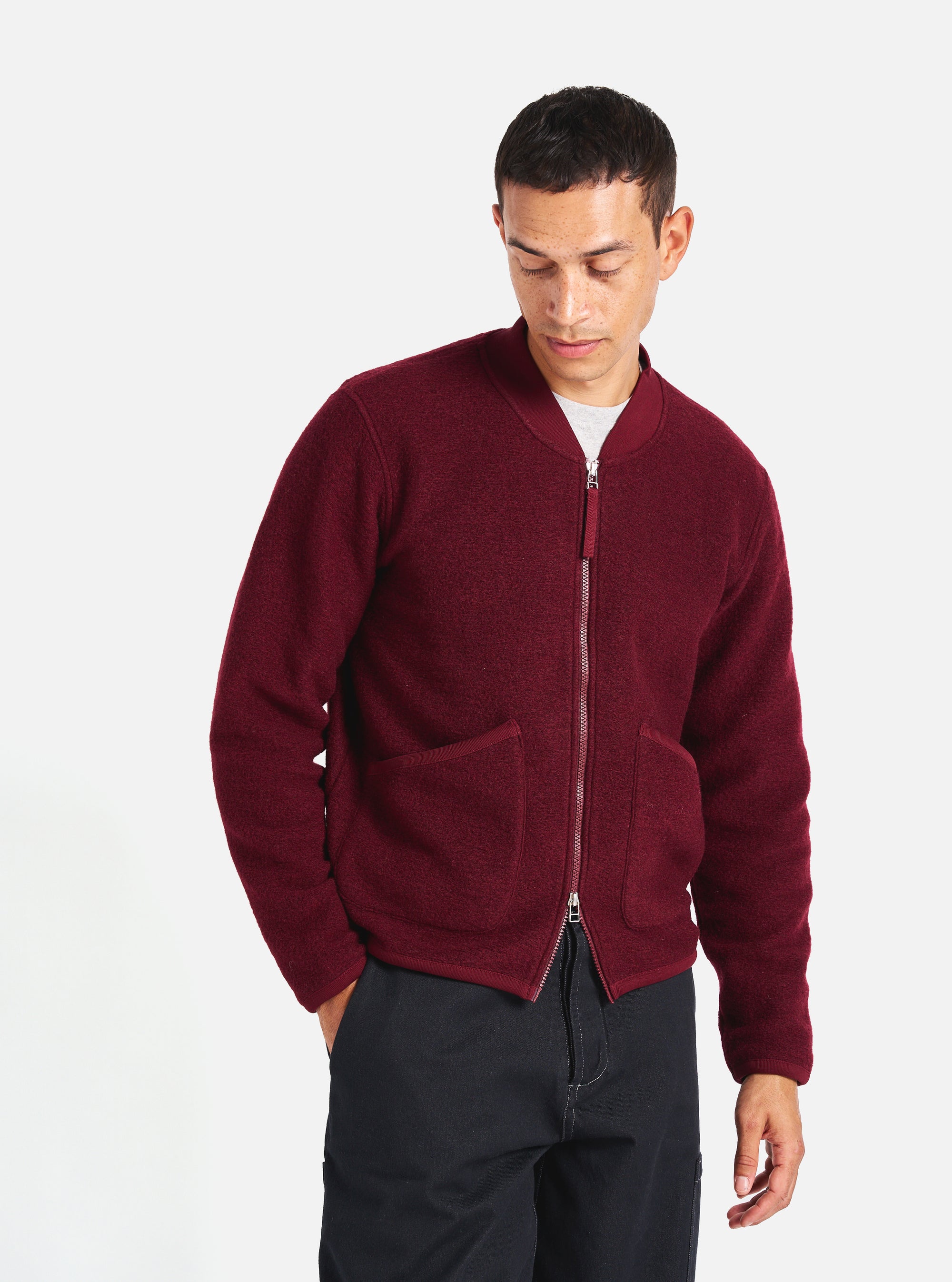 Universal Works Zip Bomber in Deep Red Wool Fleece