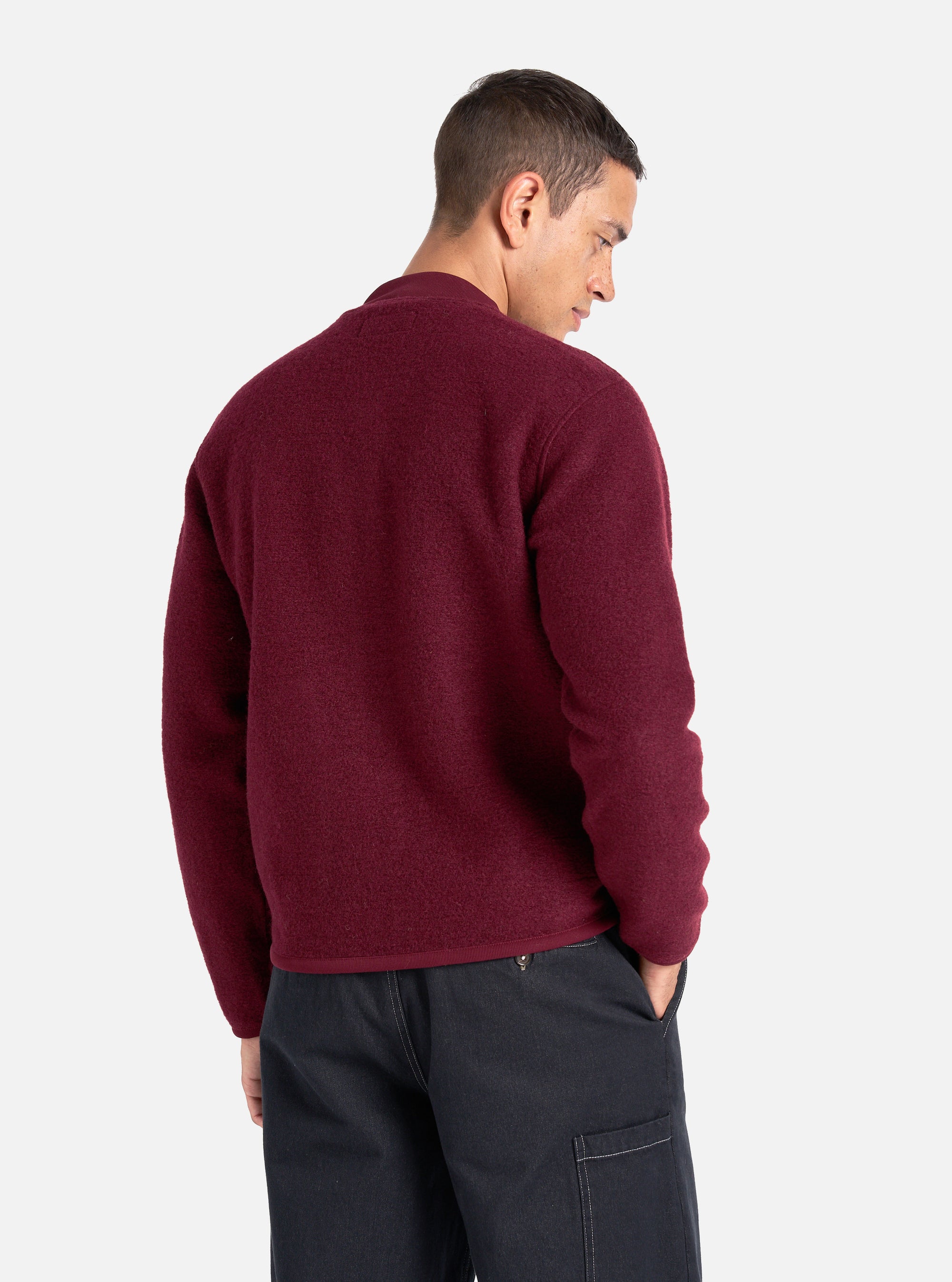 Universal Works Zip Bomber in Deep Red Wool Fleece