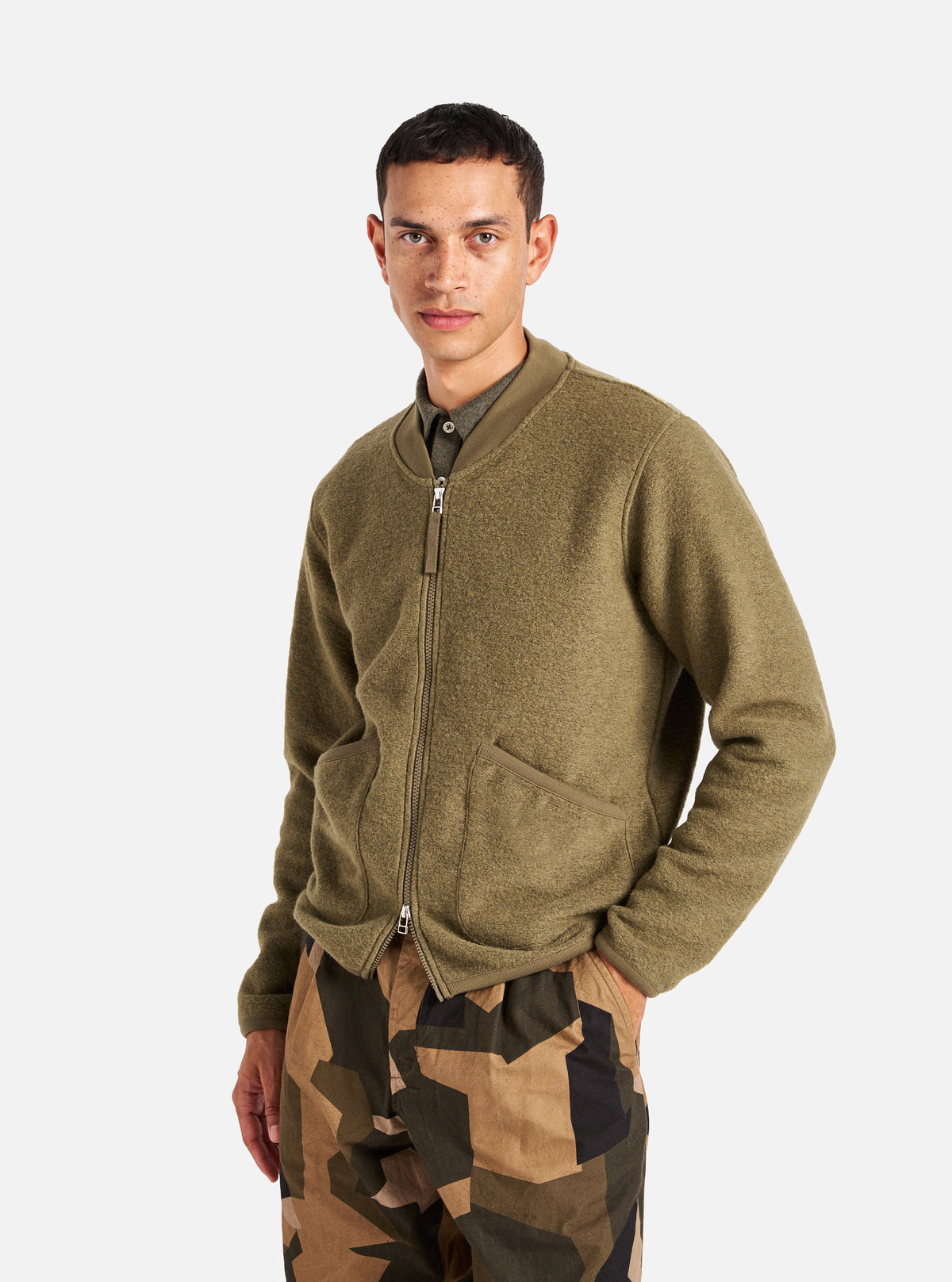 Universal Works Zip Bomber in Lovat Wool Fleece