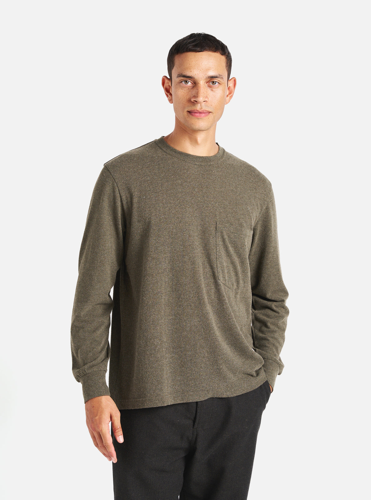 Universal Works Loose L/S Tee in Olive Recycled Wool Mix