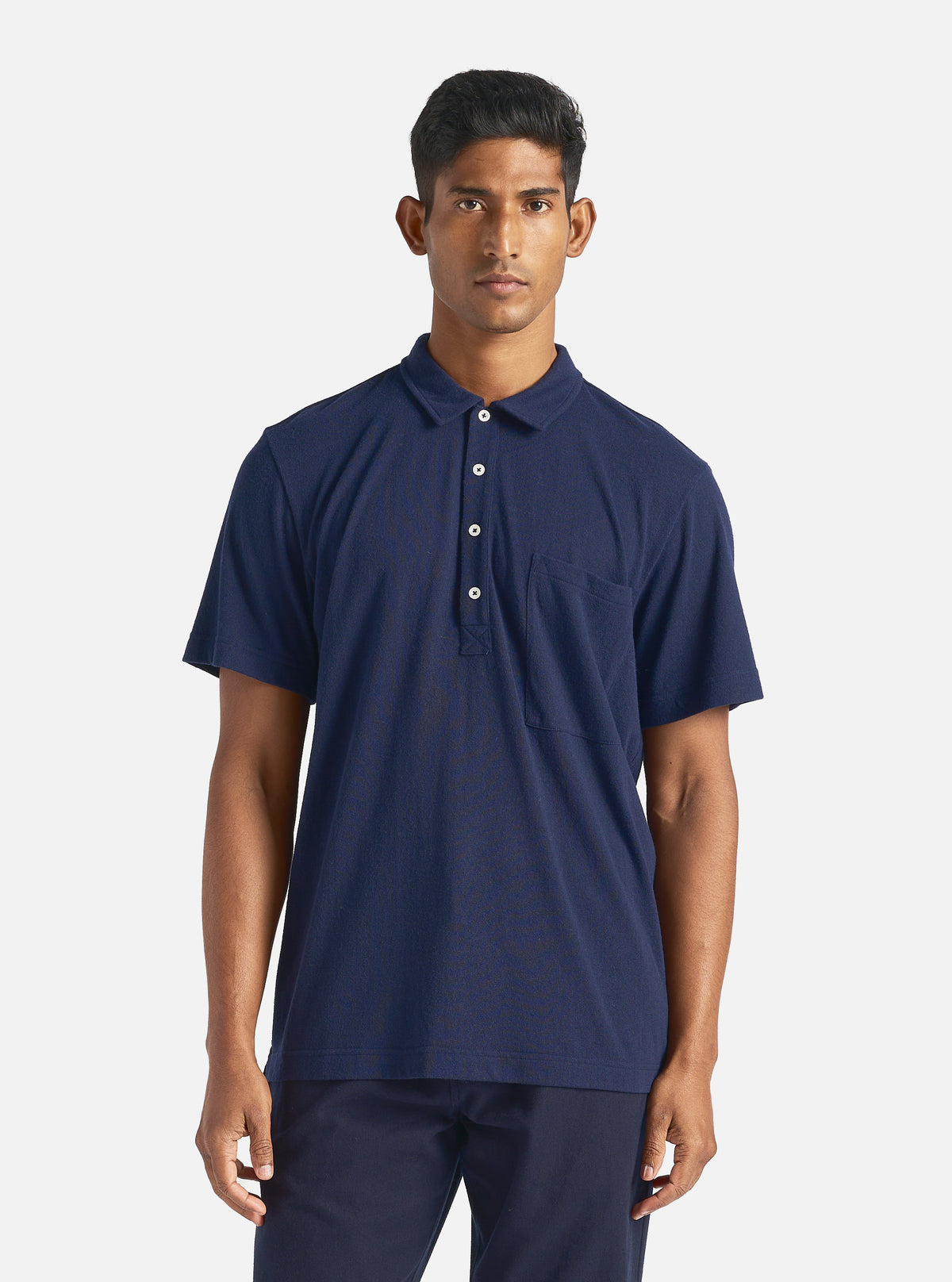 Universal Works Pullover S/S Shirt in Navy Recycled Wool Mix