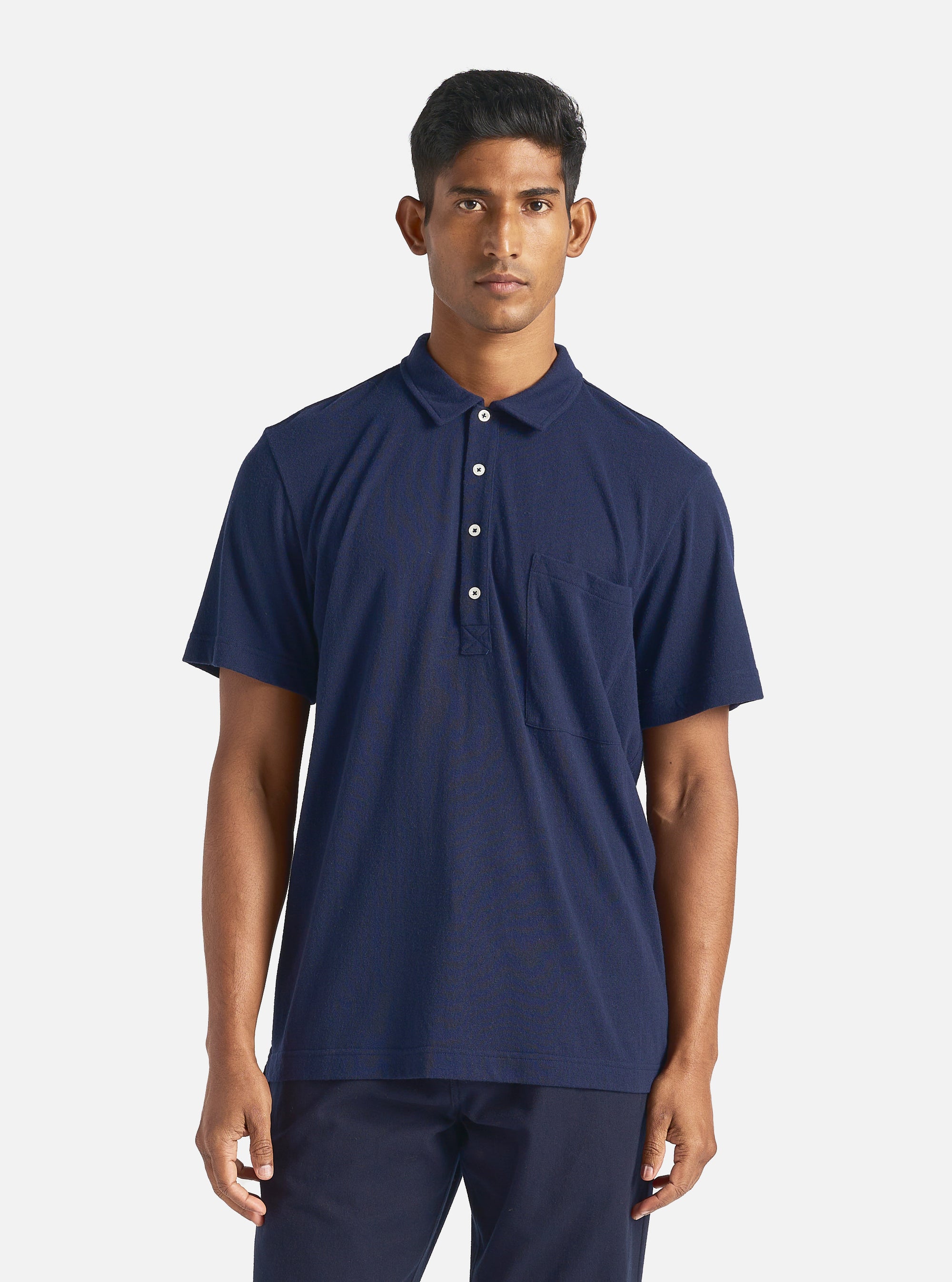 Universal Works Pullover S/S Shirt in Navy Recycled Wool Mix