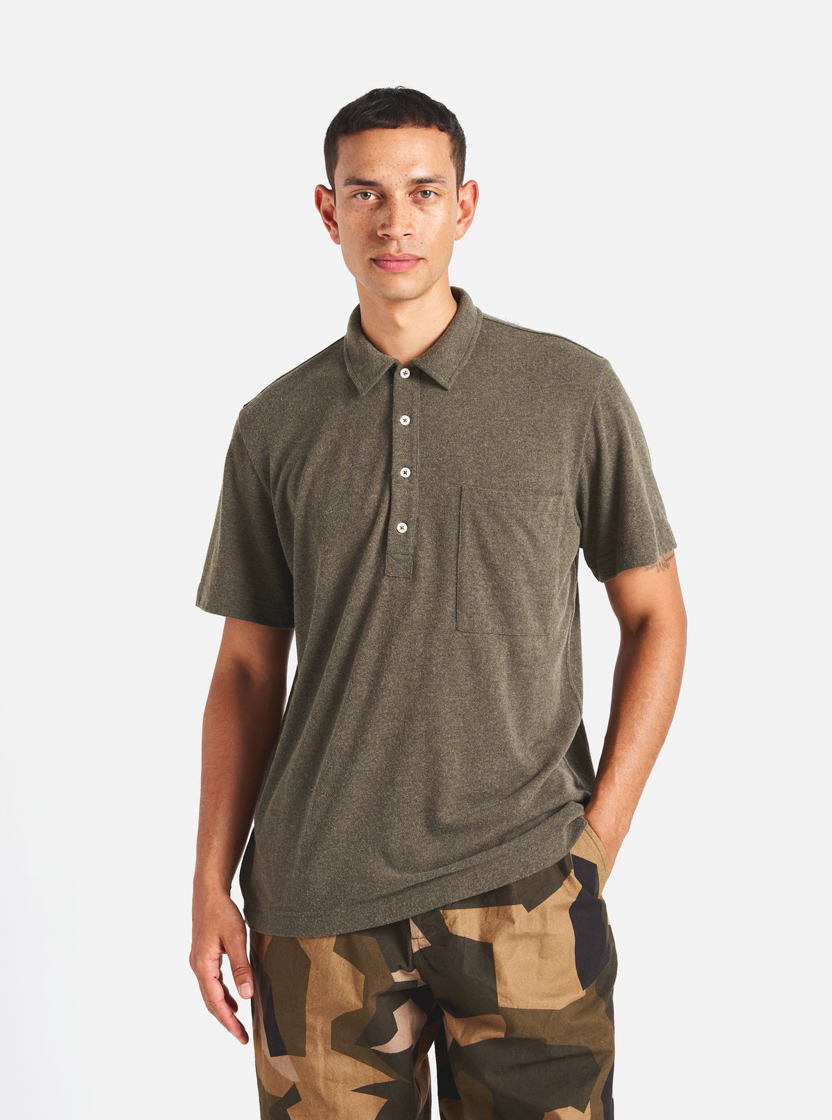 Universal Works Pullover S/S Shirt in Olive Recycled Wool Mix