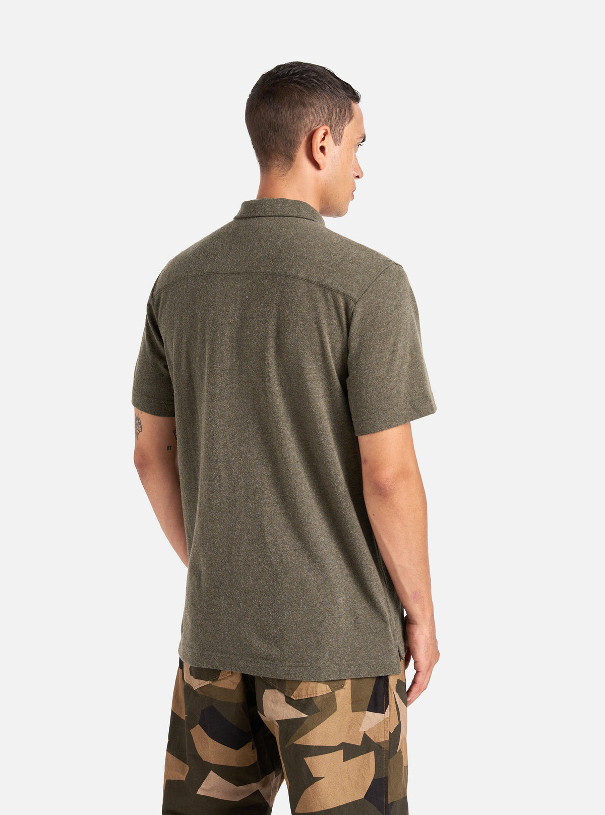 Universal Works Pullover S/S Shirt in Olive Recycled Wool Mix