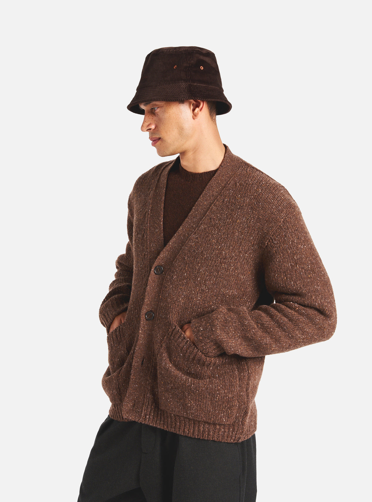 Universal Works Langdale Cardigan in Brown Tweed Knit