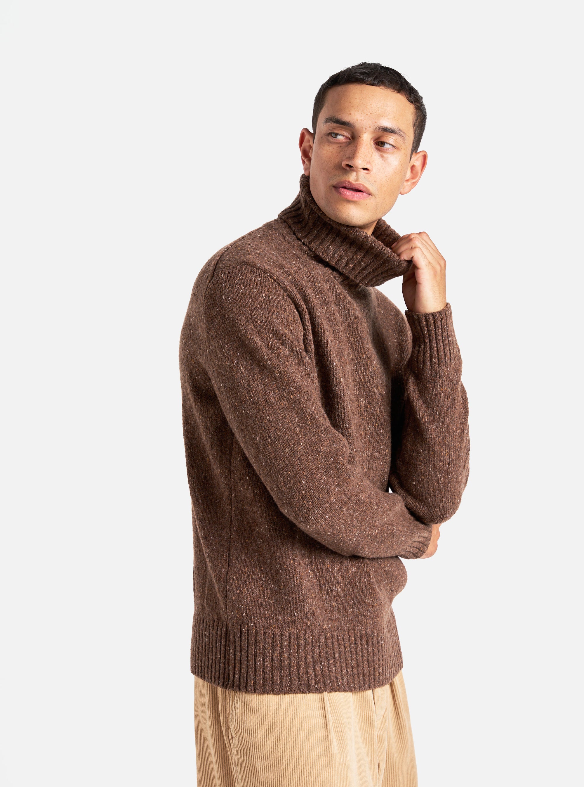 Universal Works Roll Neck in Brown Tweed Knit