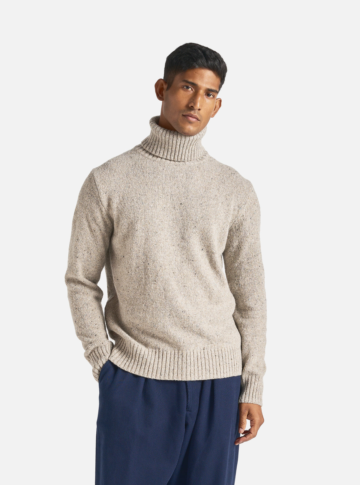 Universal Works Roll Neck in Oatmeal Tweed Knit