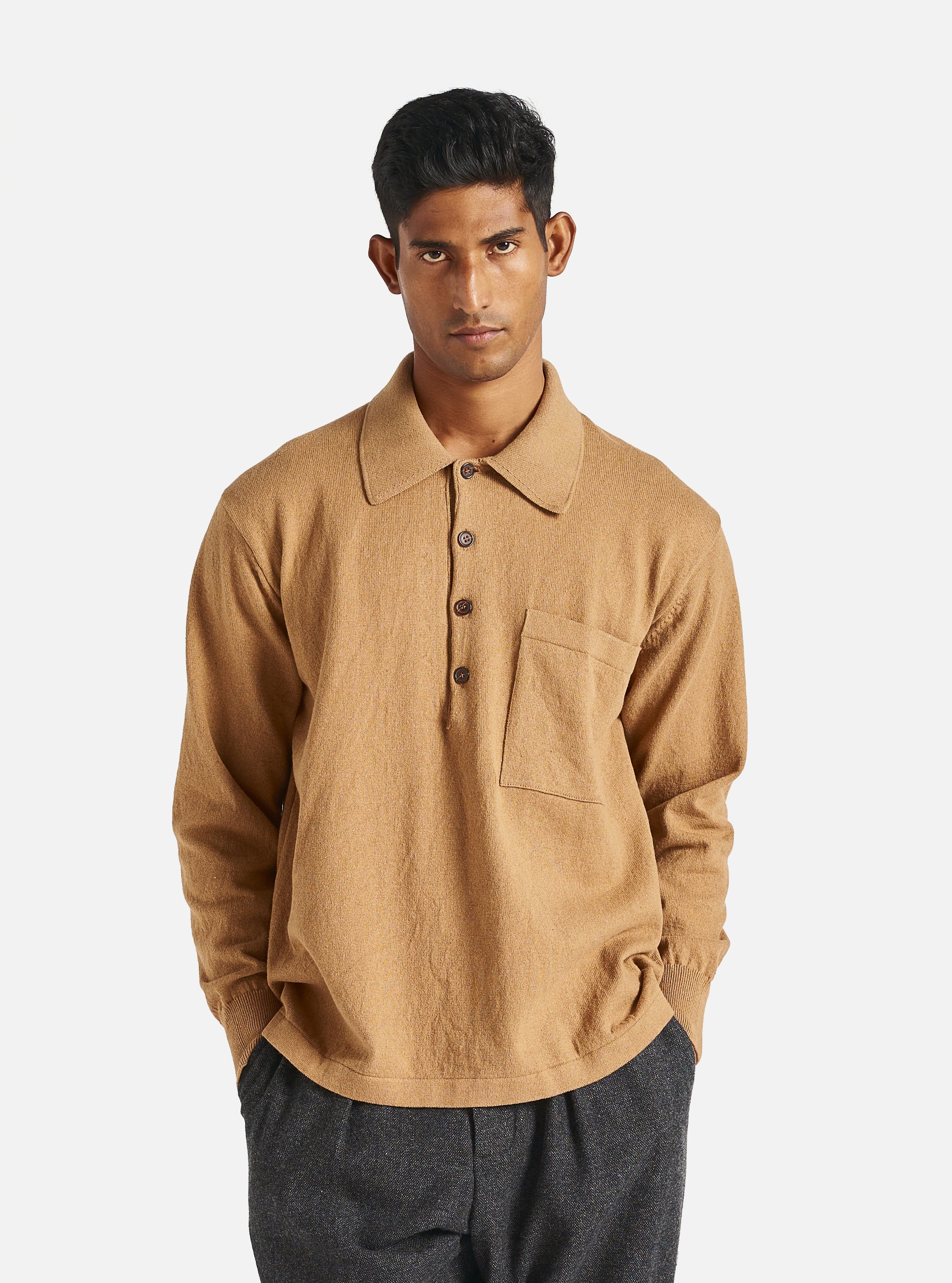 Universal Works L S Pullover Knit Shirt in Cumin Eco Cotton