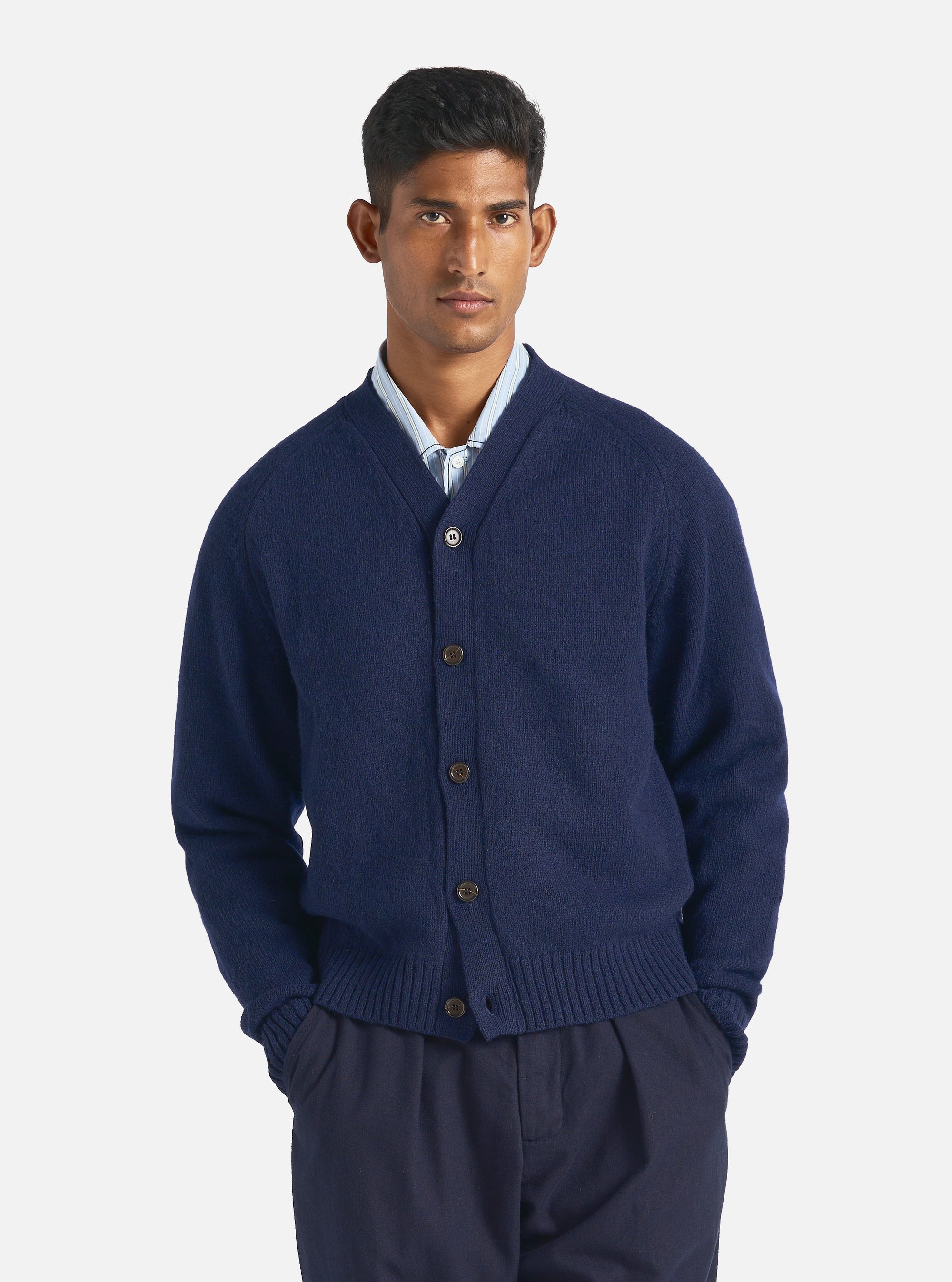 Universal Works David Cardigan in Navy Eco Wool