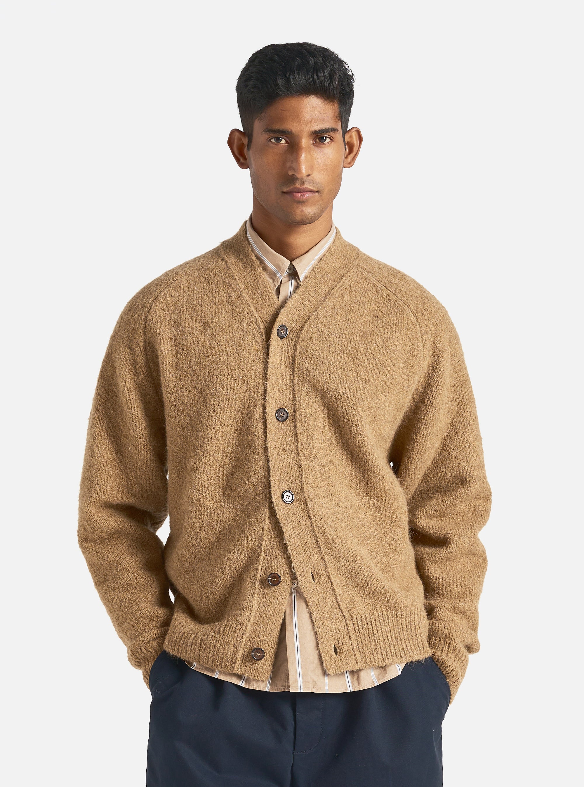 Universal Works David Cardigan in Sand Alpaca Knit