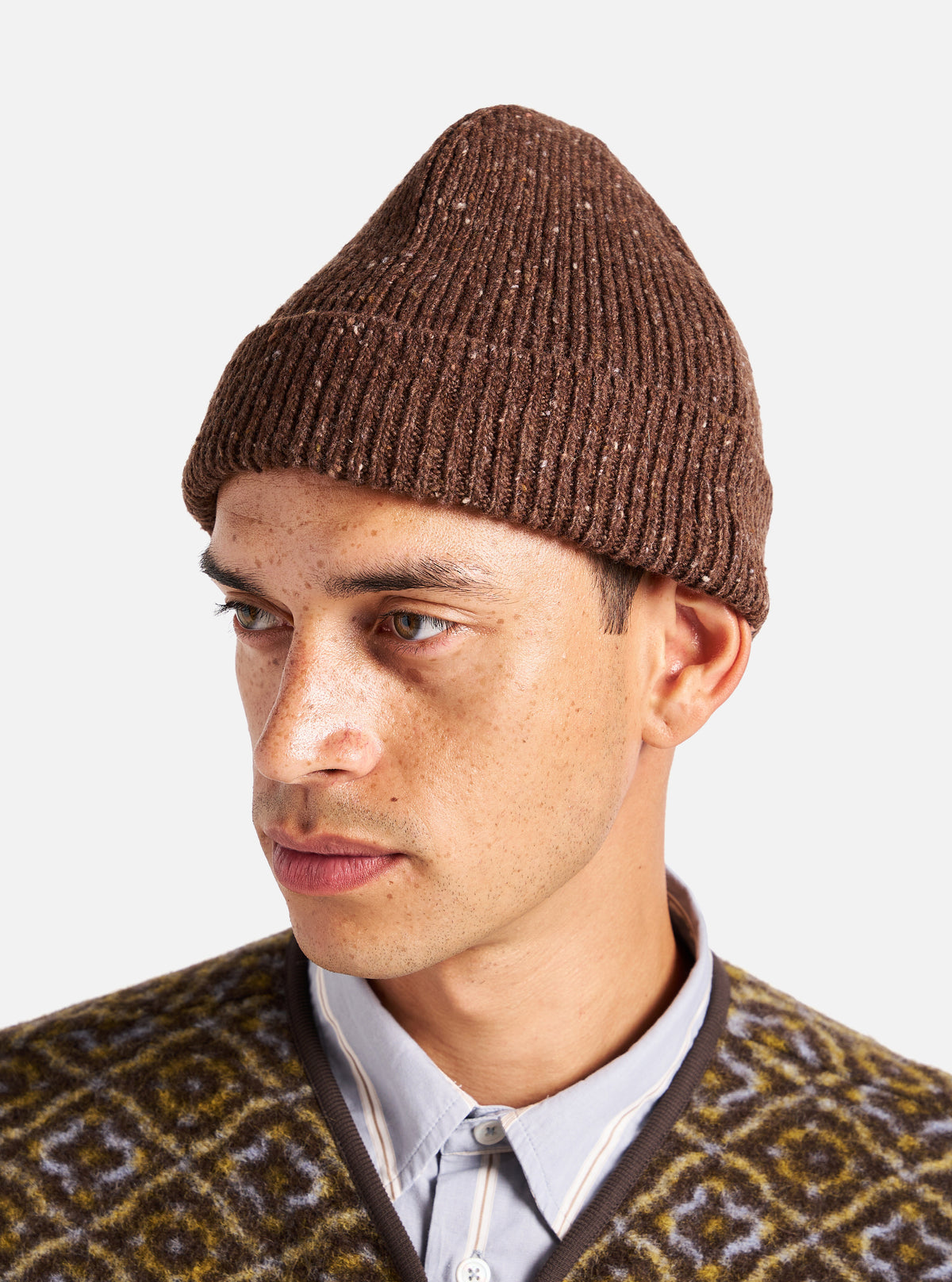 Universal Works Watch Cap in Brown Tweed Knit