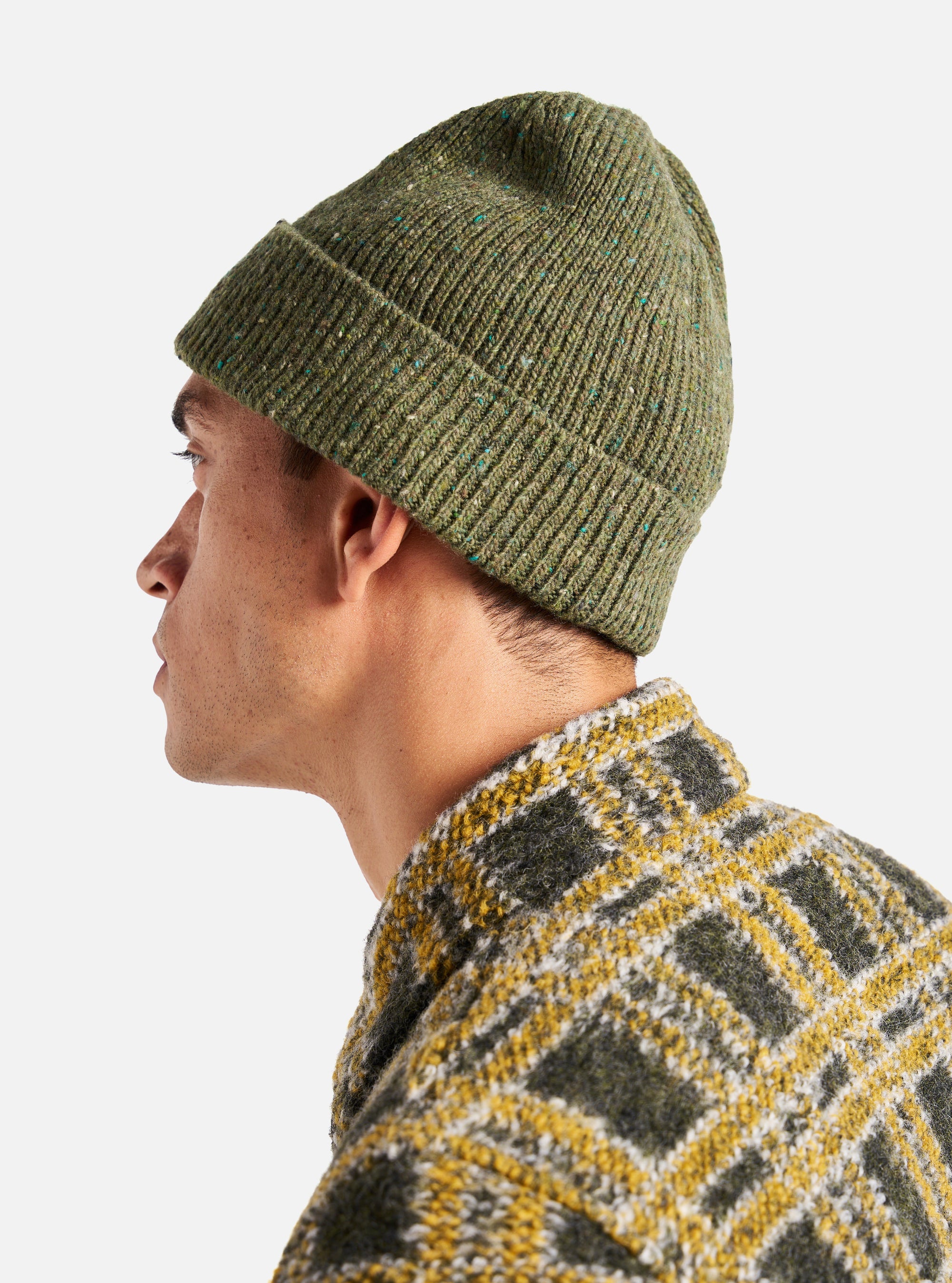 Universal Works Watch Cap in Green Tweed Knit