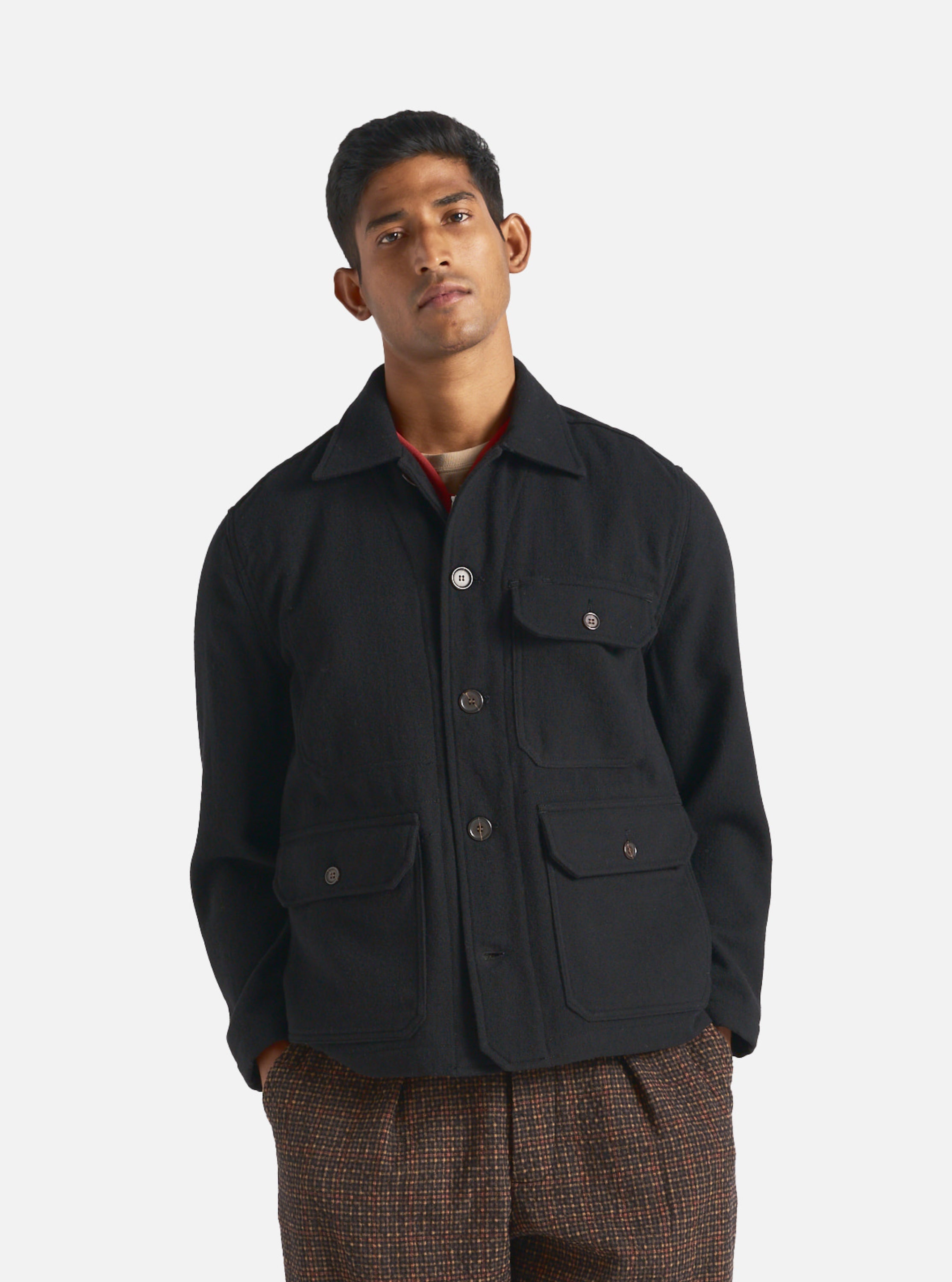 Universal Works Utility Jacket in Black Recycled Soft Wool