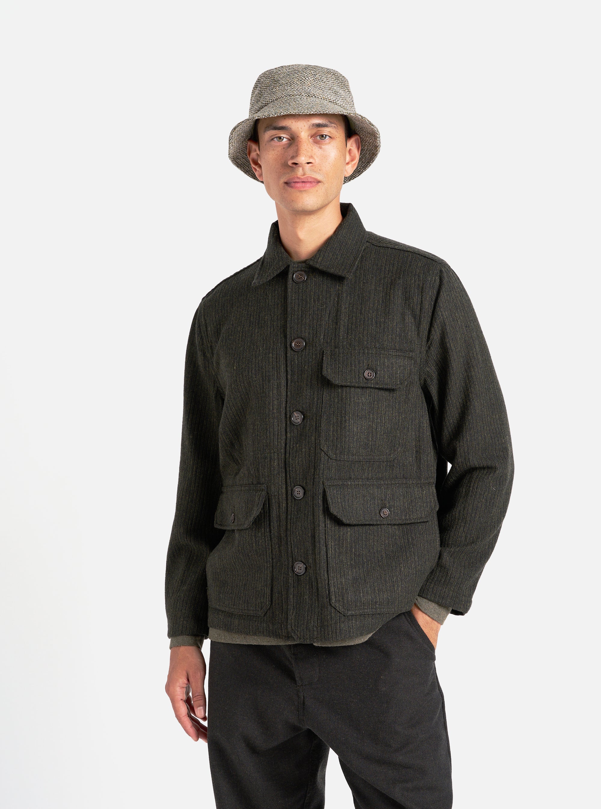 Universal Works Utility Jacket in Black/Olive Stripe Wool Mix