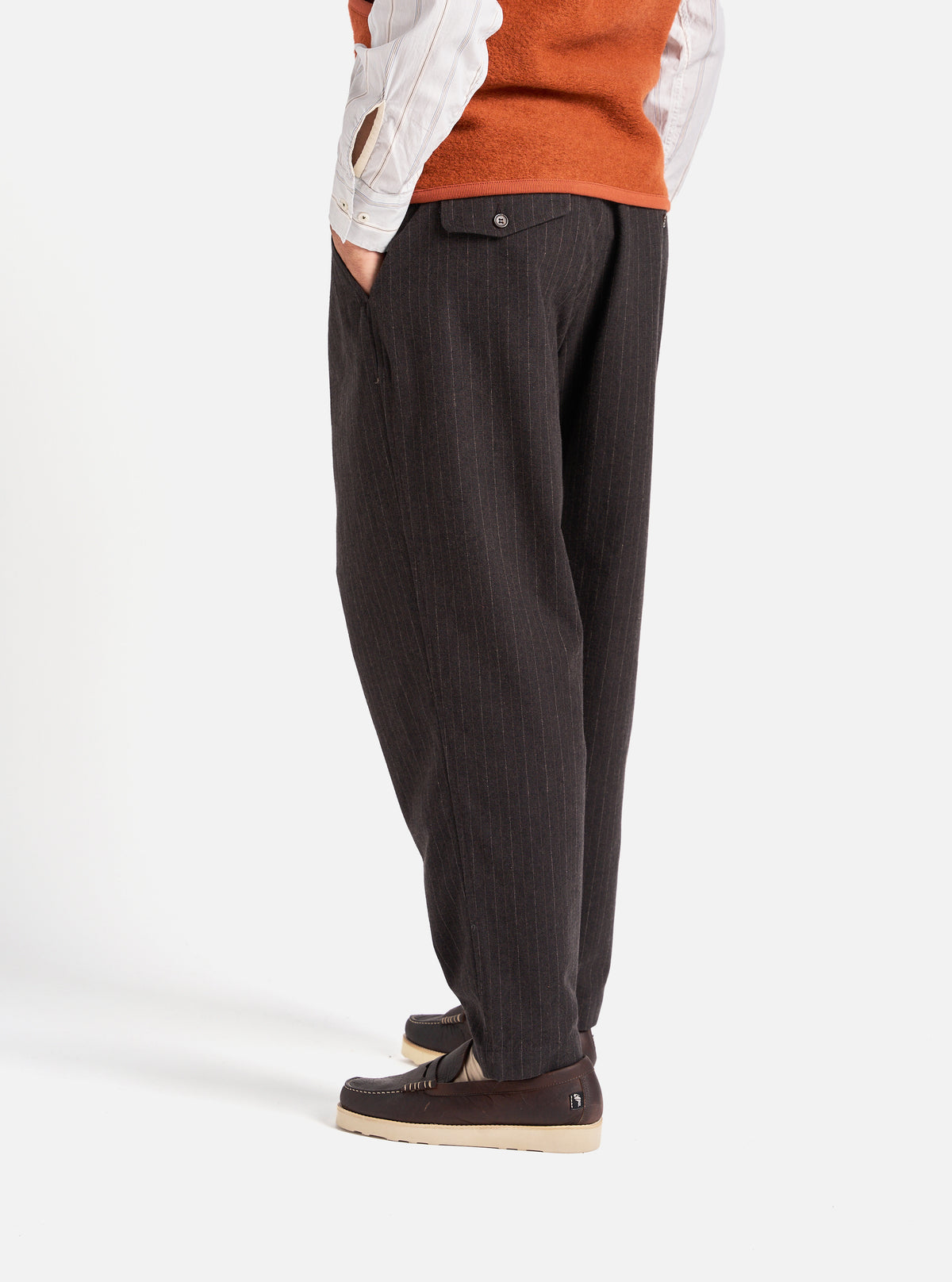 Universal Works Pleated Track Pant in Brown Italian Pinstripe