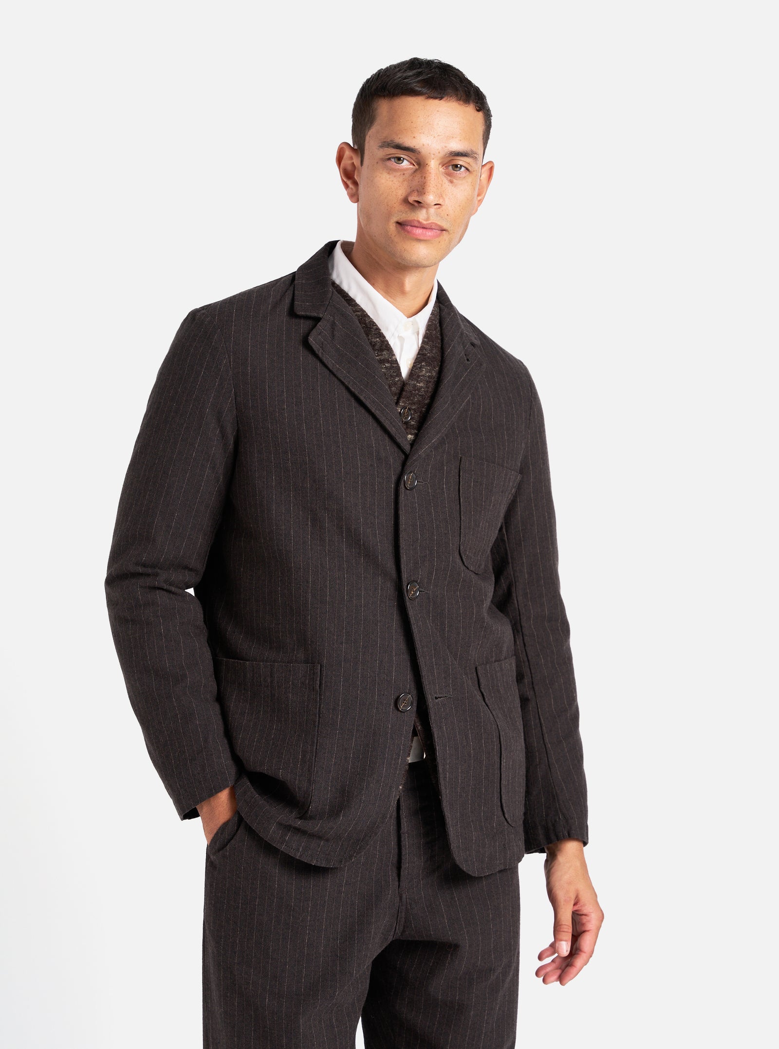 Universal Works Three Button Jacket in Brown Italian Pinstripe