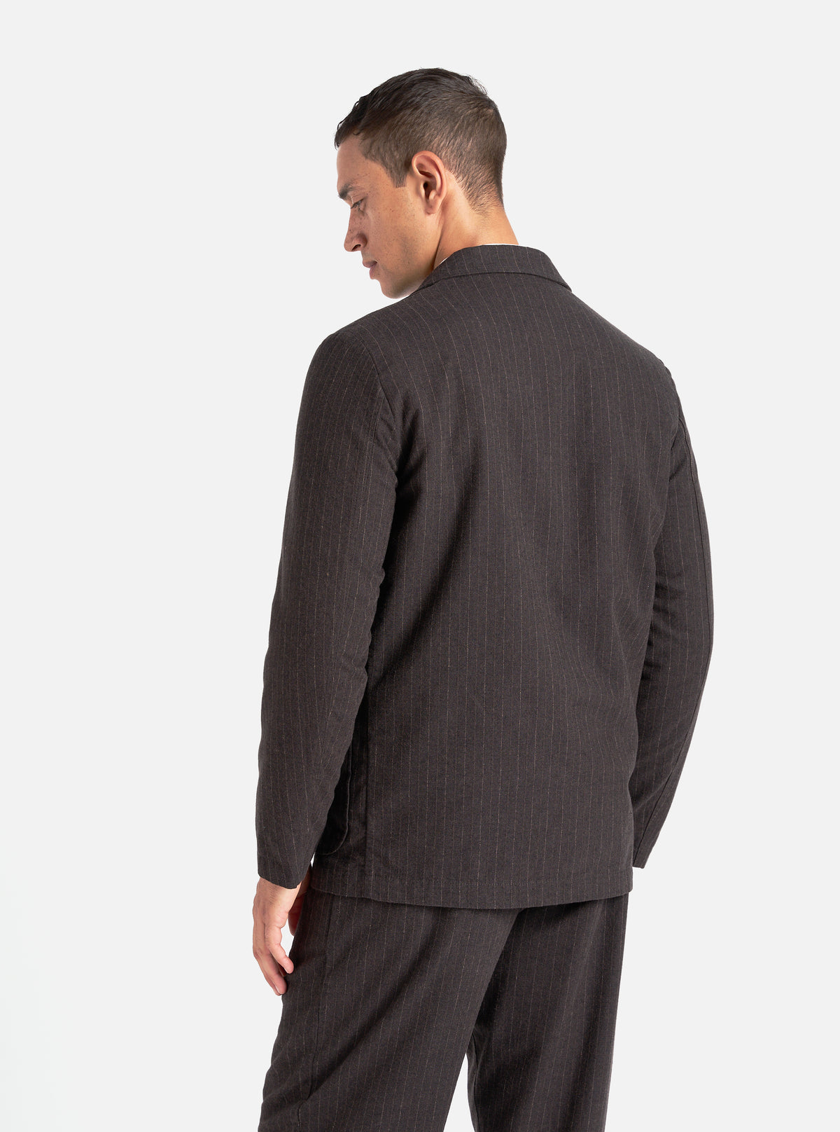 Universal Works Three Button Jacket in Brown Italian Pinstripe