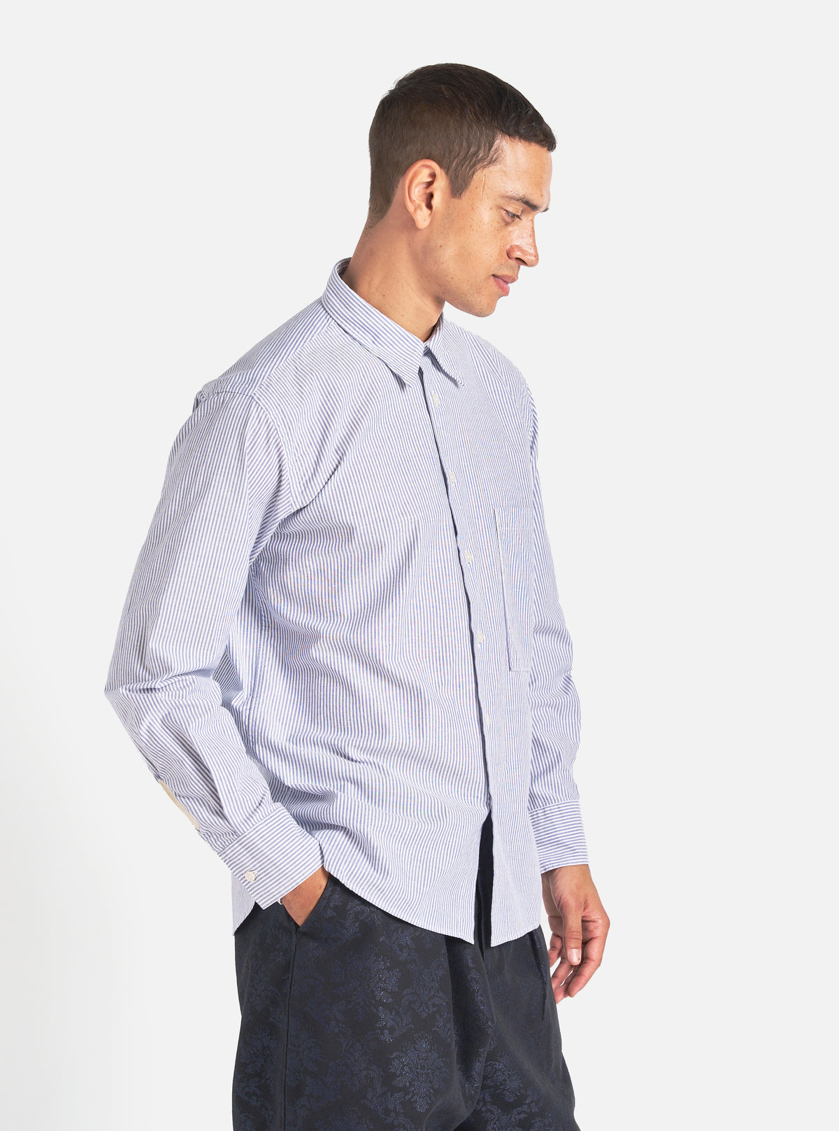 Universal Works Square Pocket Shirt in Navy Security Stripe Cotton