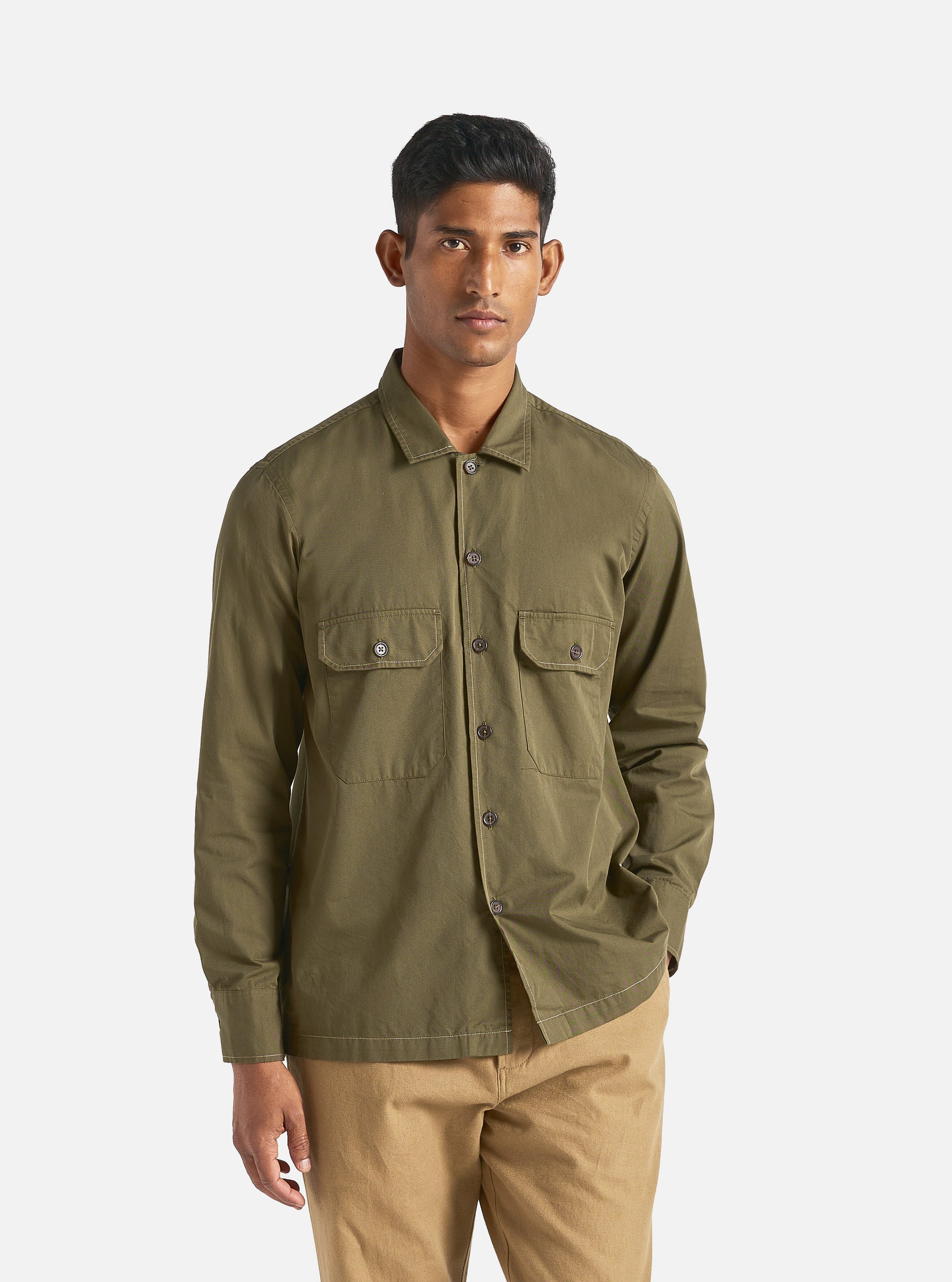 Universal Works L/S Utility Shirt in Olive Military Shirting