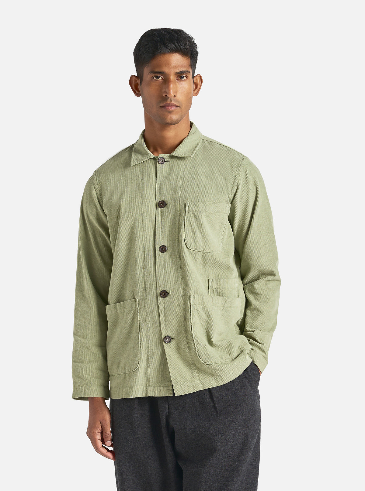 Universal Works Bakers Overshirt in Light Olive Fine Cord