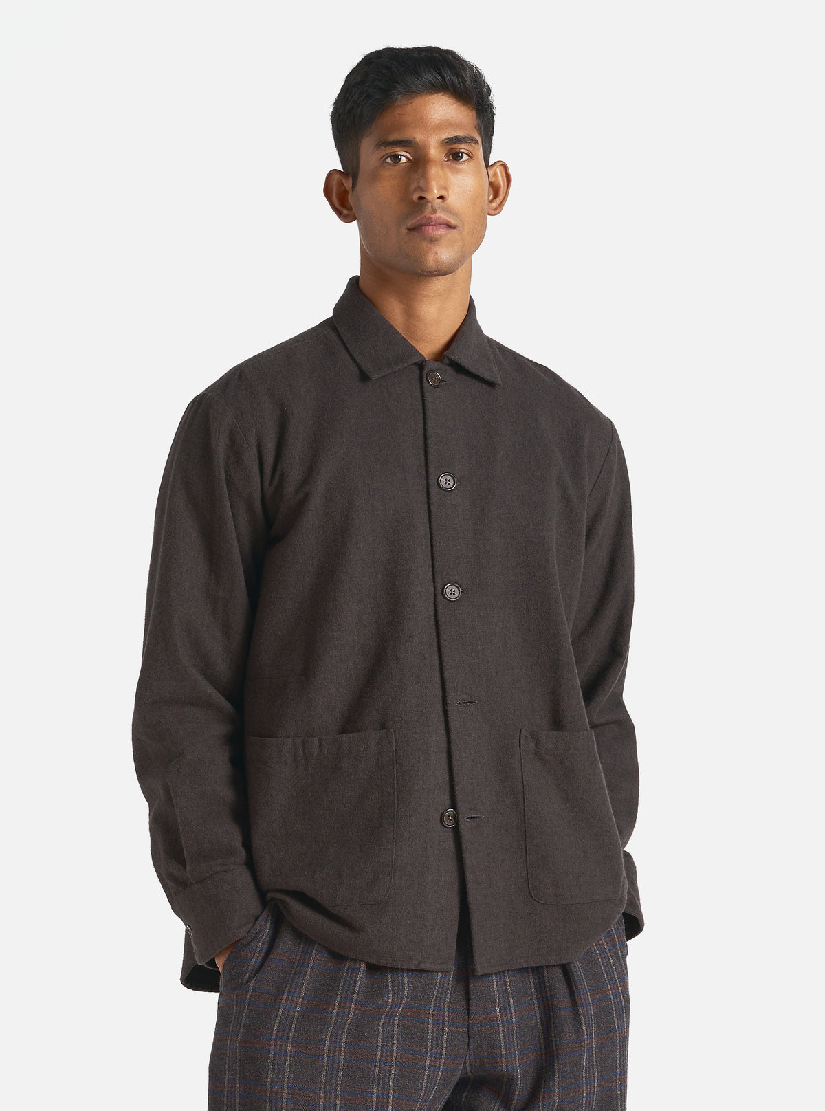 Universal Works Travail Overshirt in Brown Soft Flannel Cotton