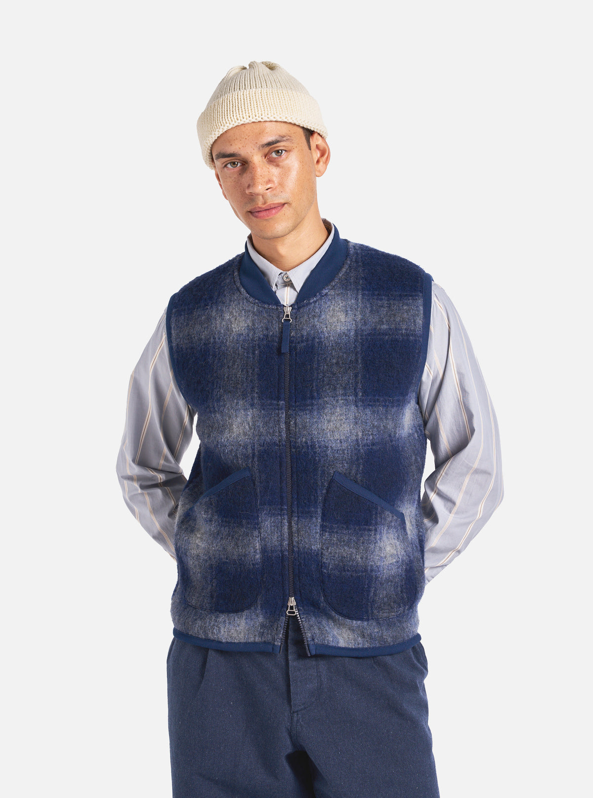 Universal Works Zip Waistcoat in Navy/Grey Fresco Fleece