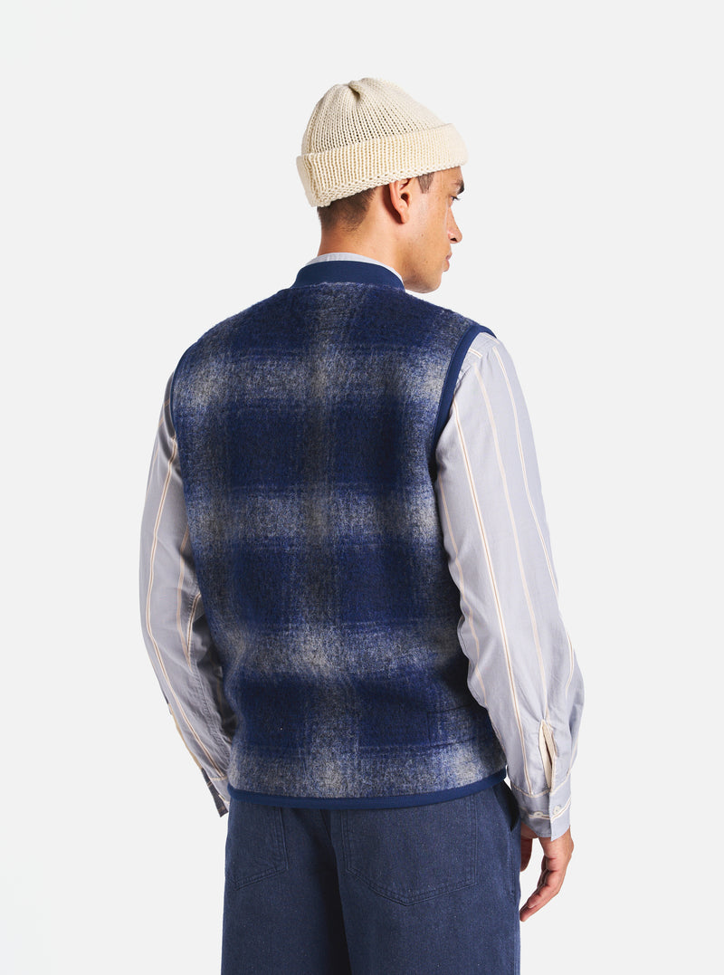 Universal Works Zip Waistcoat in Navy/Grey Fresco Fleece