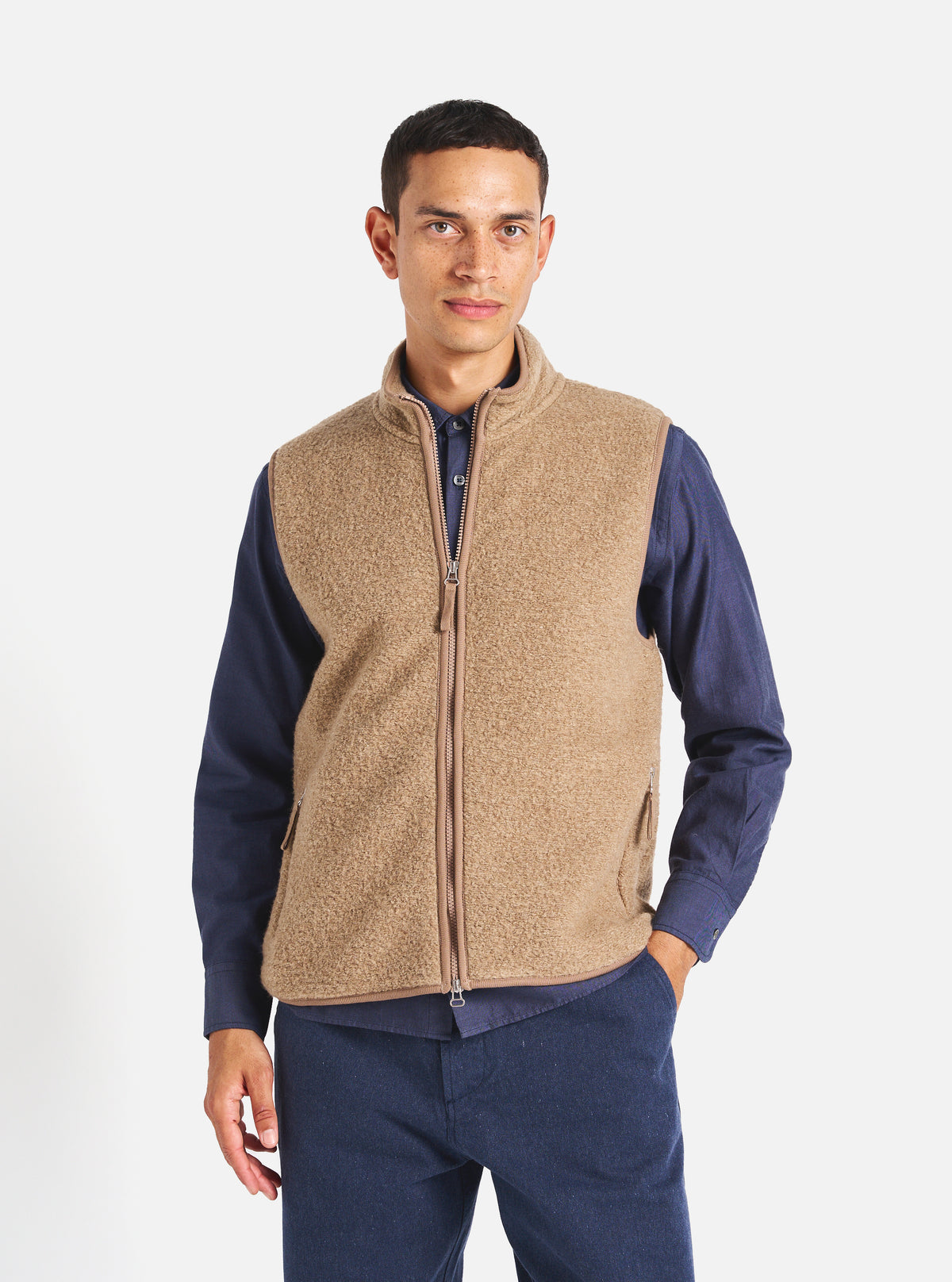 Universal Works Climbing Gilet in Sand Teddy Fleece