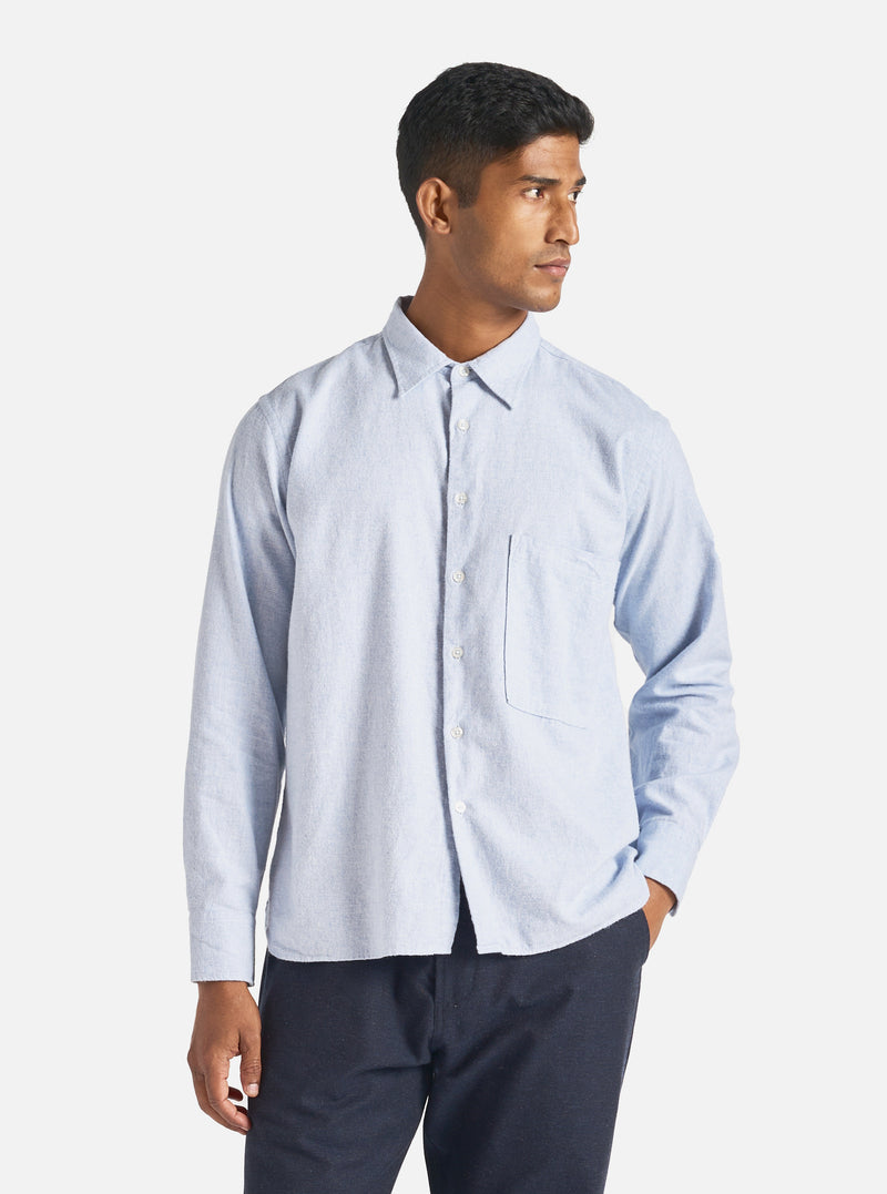 Universal Works Square Pocket Shirt in Blue Brushed Flannel