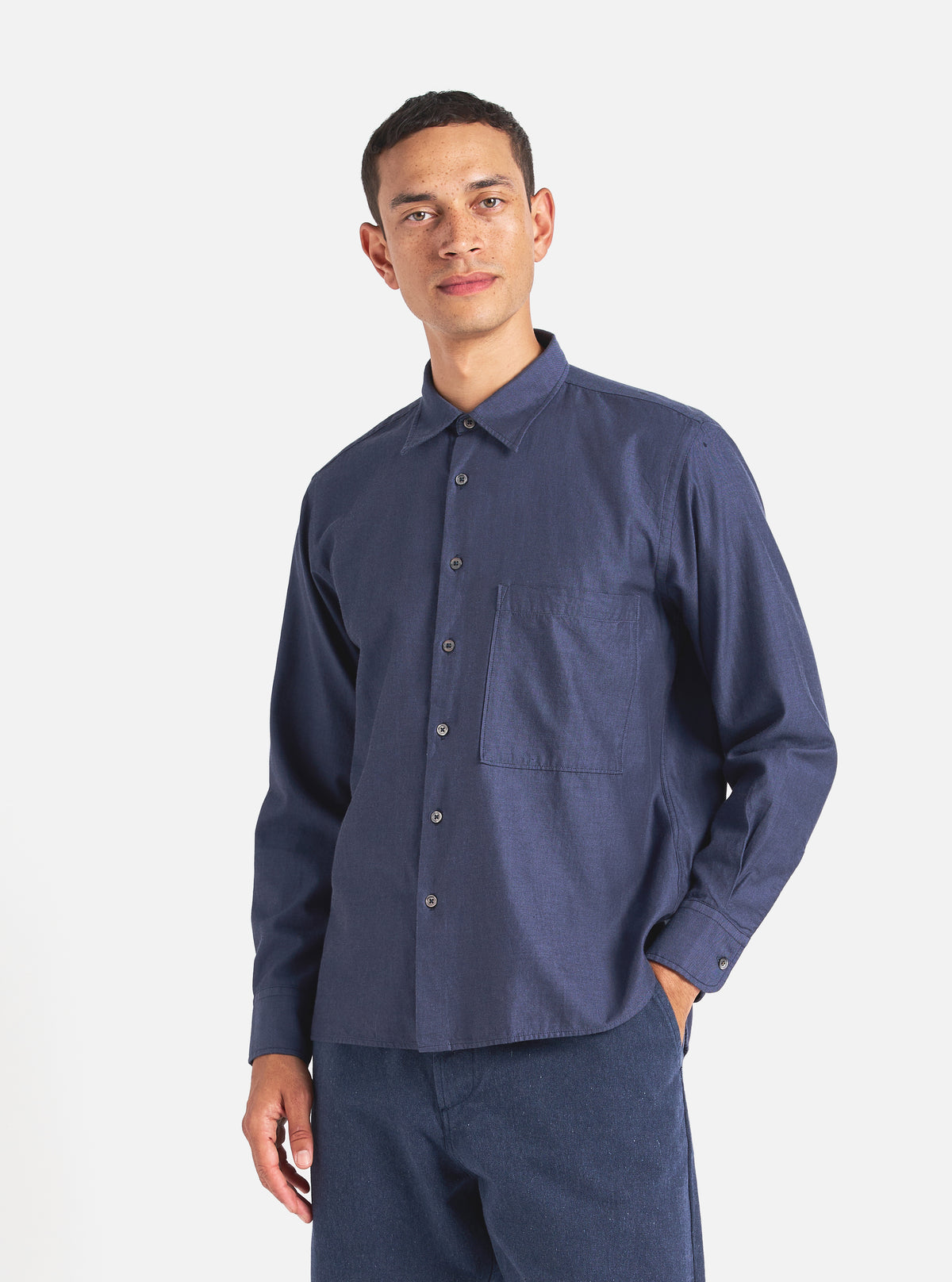 Universal Works Square Pocket Shirt in Navy SG Brushed Twill