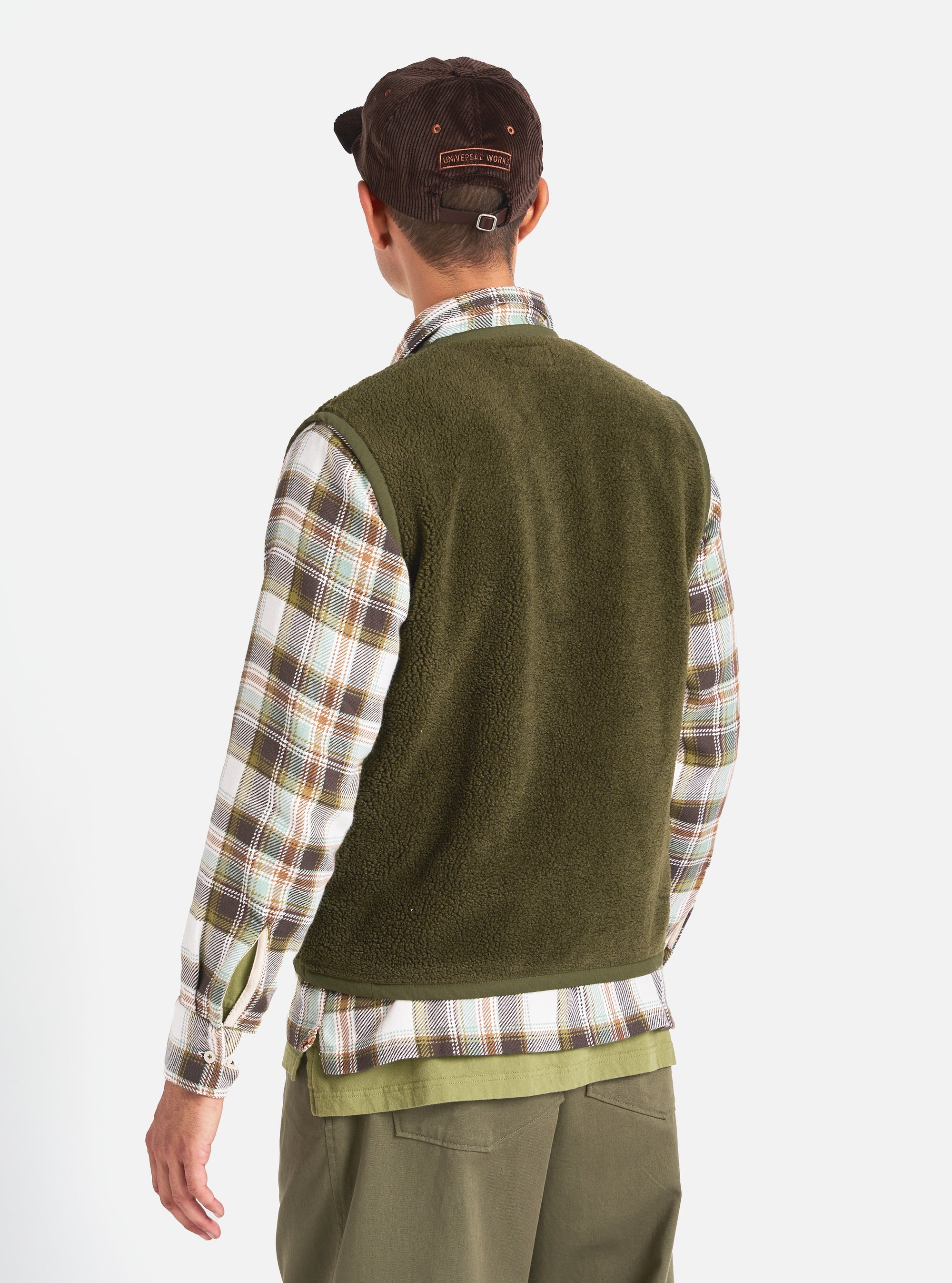 Universal Works Lancaster Gilet in Olive Mountain Fleece