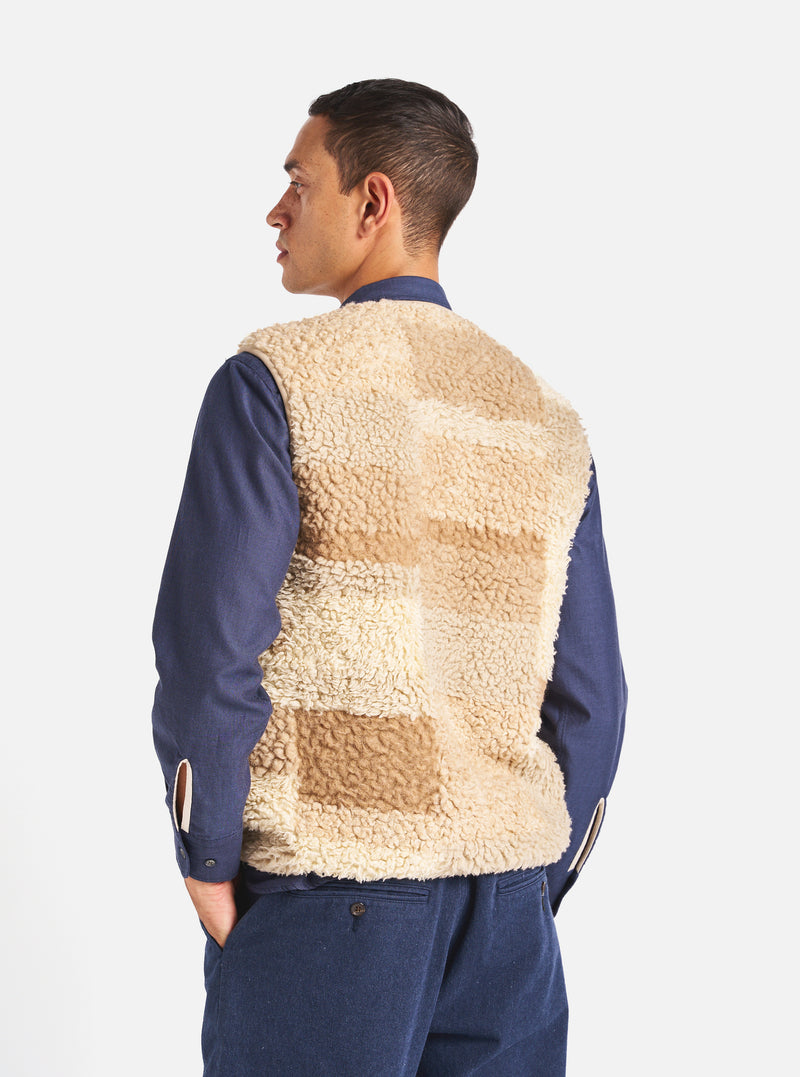 Universal Works Zip Gilet in Sand Patchwork Fleece