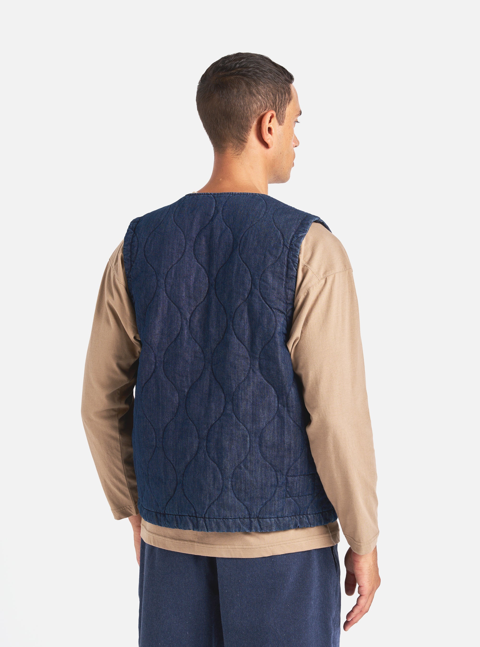 Universal Works Weekend Gilet in Indigo Quilt Denim