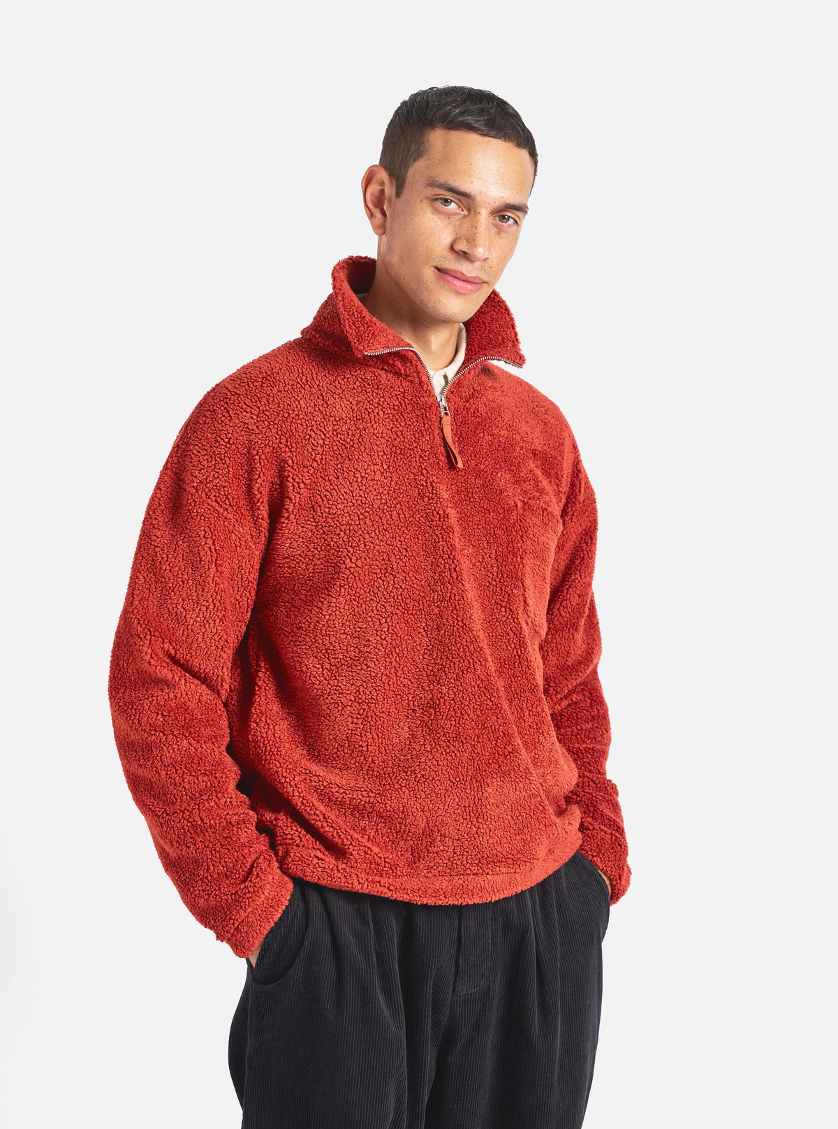 Universal Works Ramsay Quarter Zip in Orange Mountain Fleece