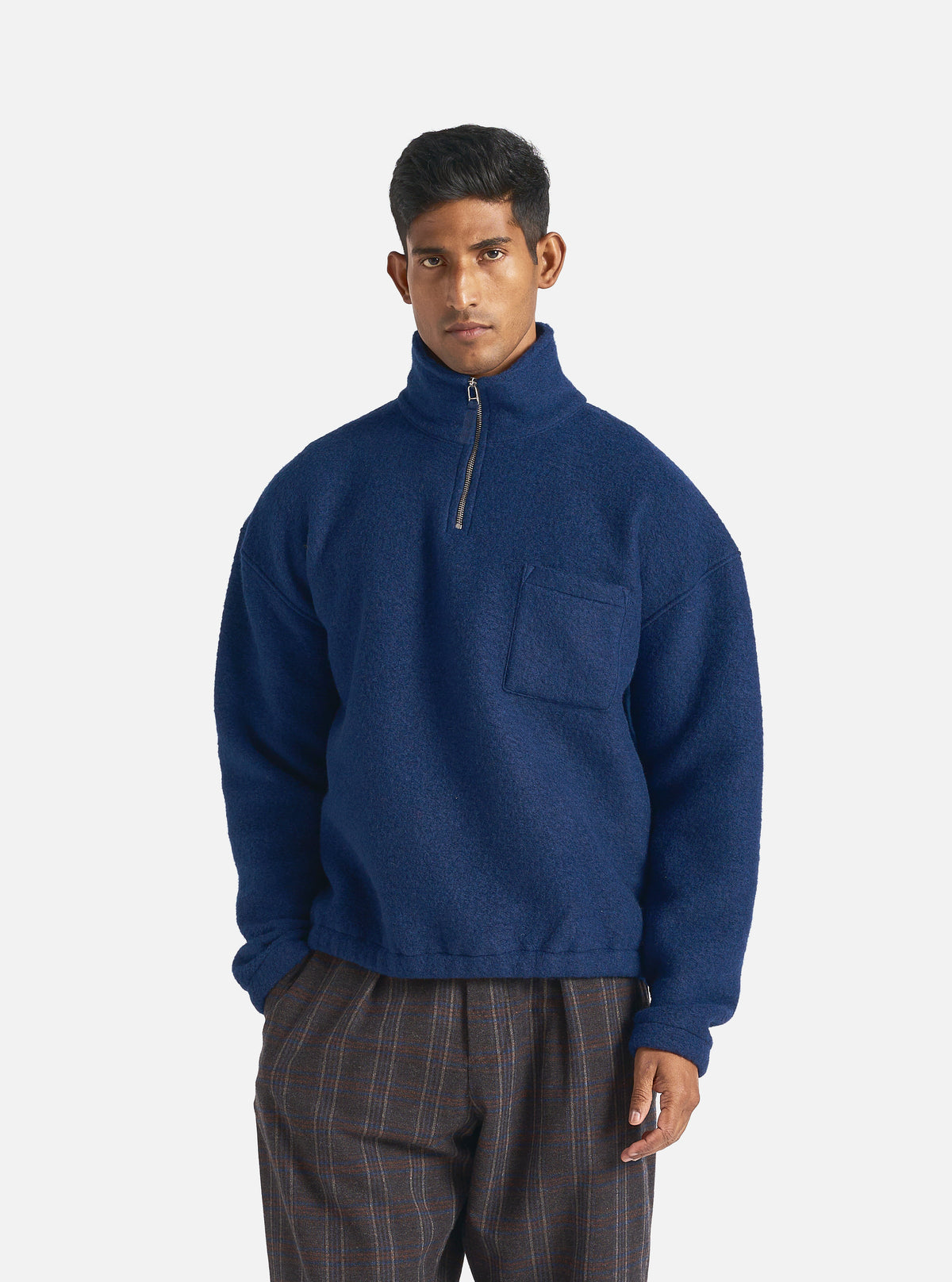 Universal Works Ramsay Quarter Zip in Indigo Wool Fleece