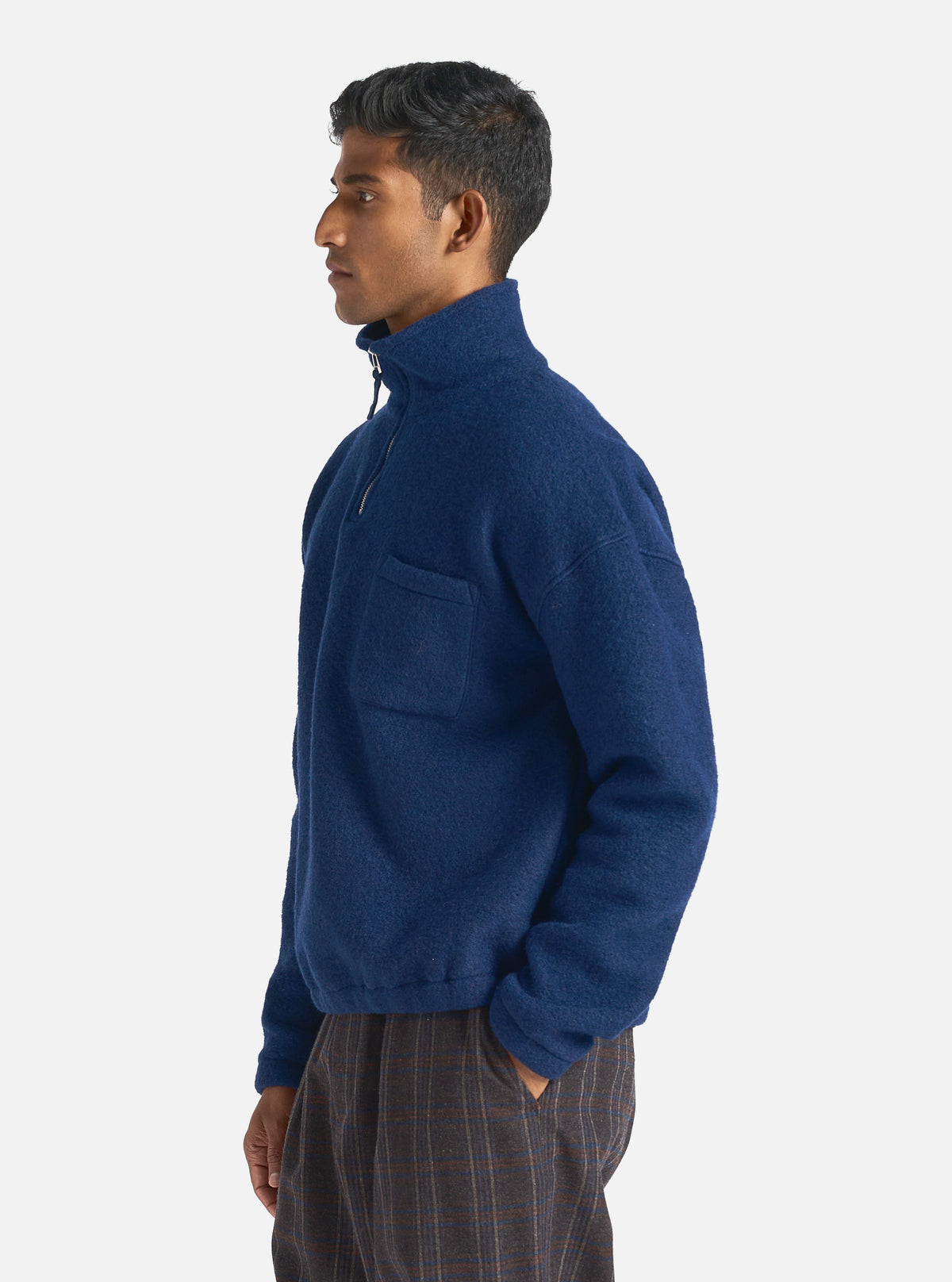 Universal Works Ramsay Quarter Zip in Indigo Wool Fleece