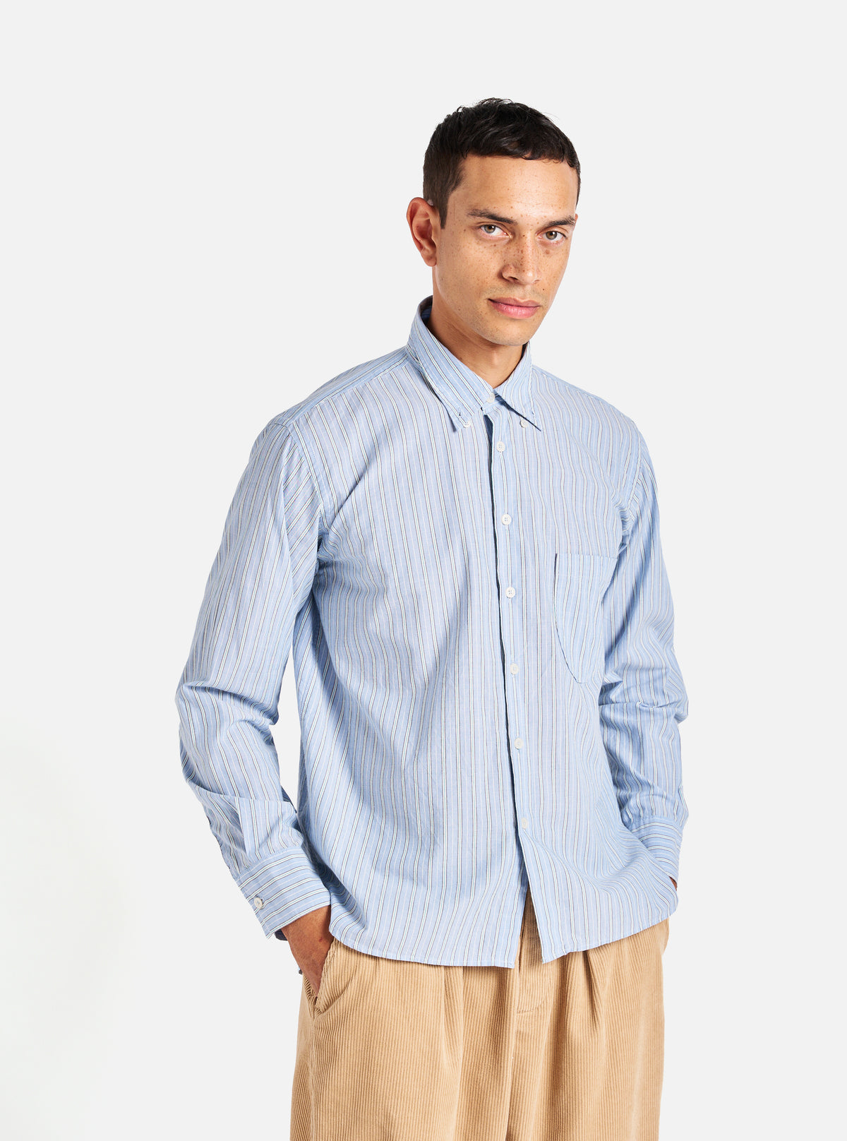 Universal Works Lazy Day Shirt in Blue Chelsea Cotton Stripe